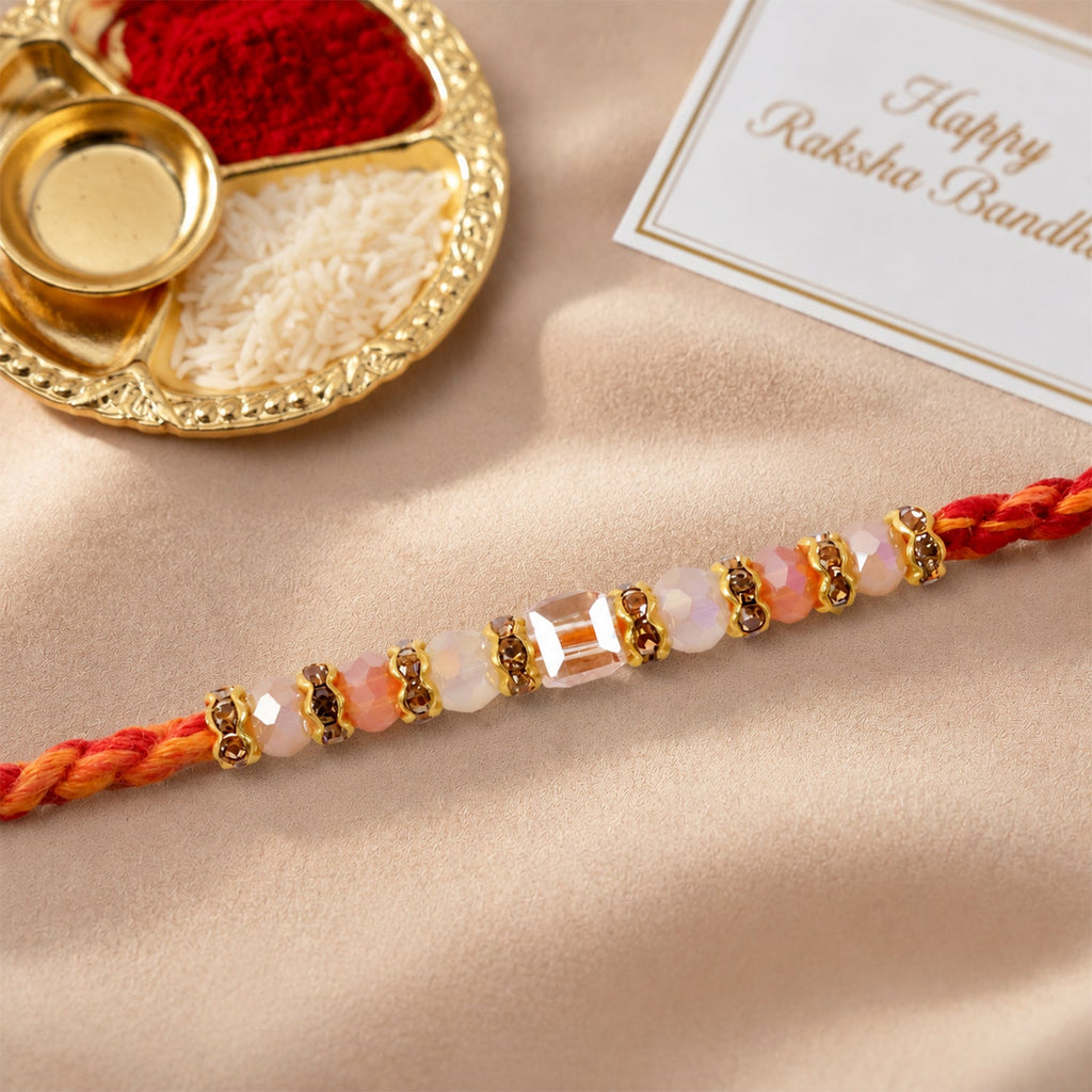 ALVENZA Silver Tone Designer Rakhi with Pastel Beads and Elegant Bracelet Style Finish