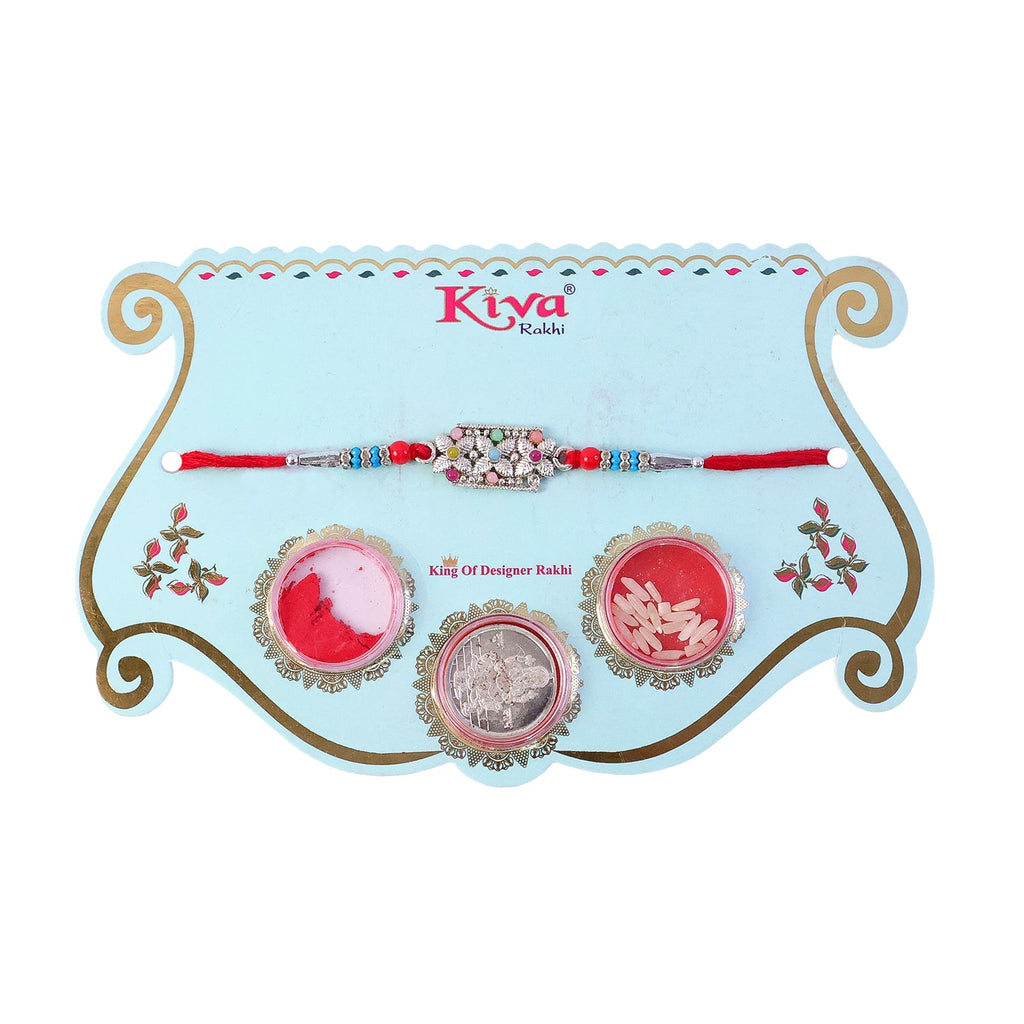 ALVENZA Rectangular Pearl Crystal Rakhi with Red Blue Beads, Roli Chawal Coin and Gift Packing
