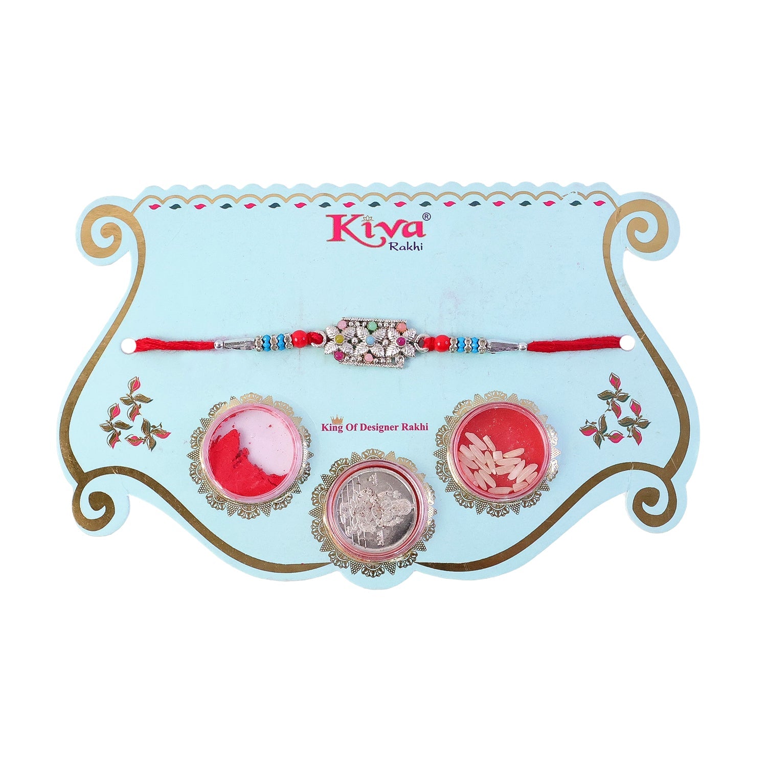 ALVENZA Rectangular Pearl Crystal Rakhi with Red Blue Beads, Roli Chawal Coin and Gift Packing