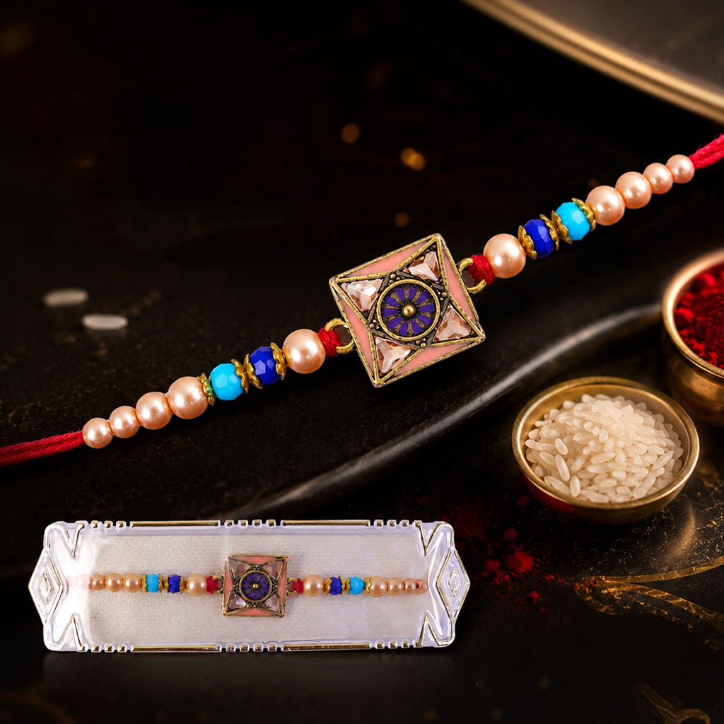 ALVENZA Royal Purple Meenakari Square Designer Rakhi for Brother with Pearls