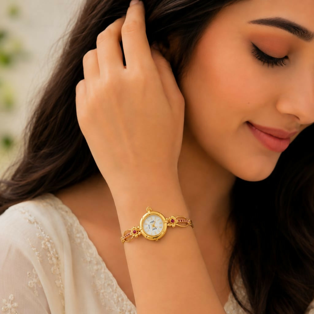 Royal Heritage Gold & Ruby Accent Bracelet Watch | Traditional & Partywear Jewelry Watch