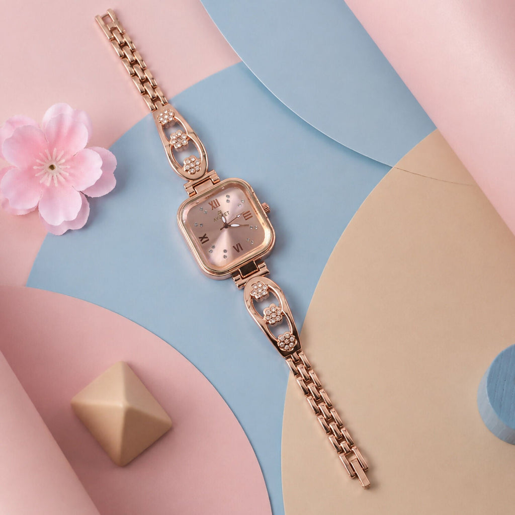 Women's Rose Gold Watch – Square Dial Floral Bracelet