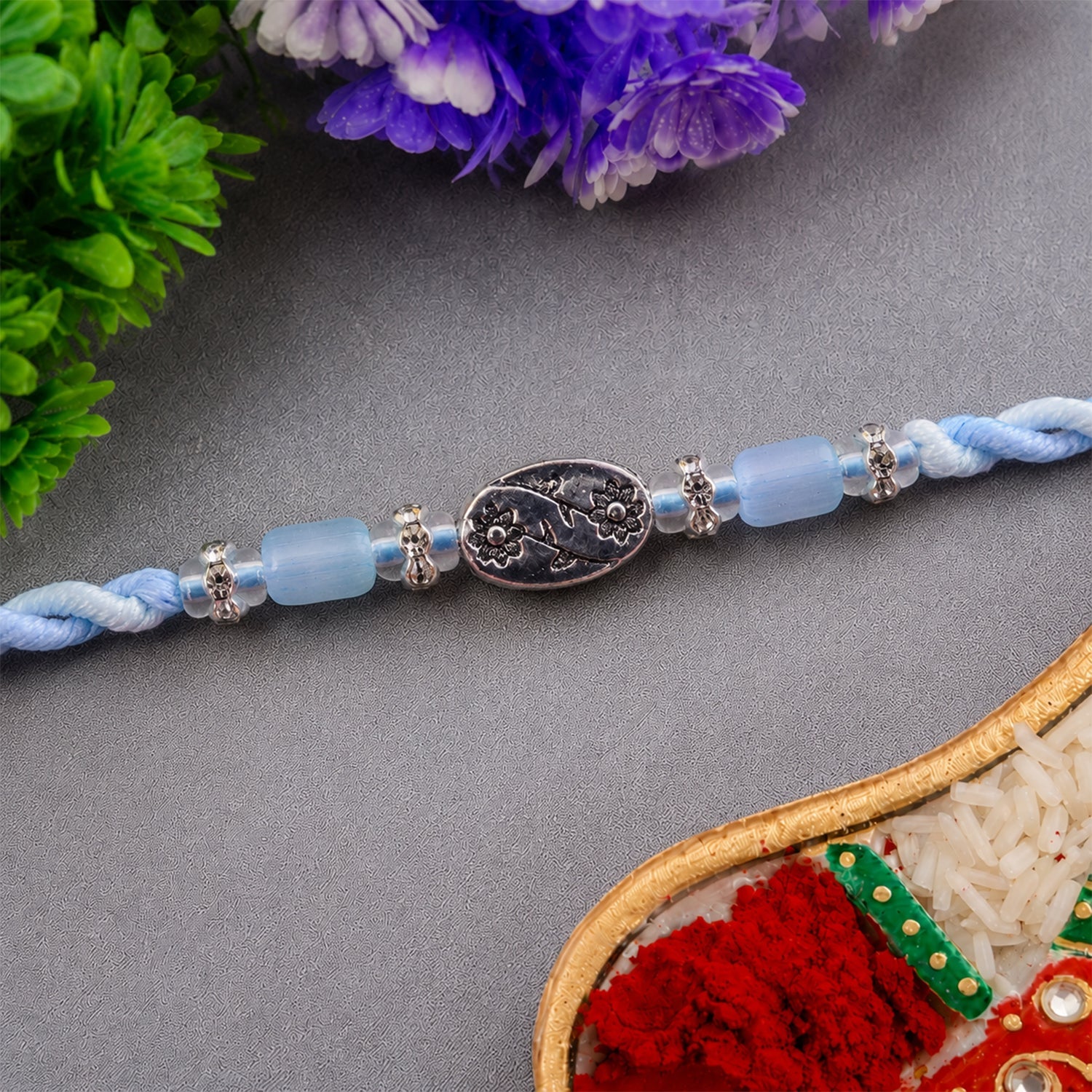 ALVENZA Blue Silver Stone Rakhi with Elegant Bracelet Style and Premium Festive Shine