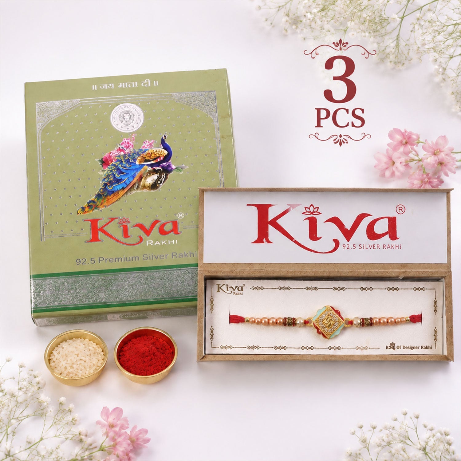 ALVENZA Golden Swastik AD Stone Rakhi with Turquoise-Red Meenakari and Pearl Beads