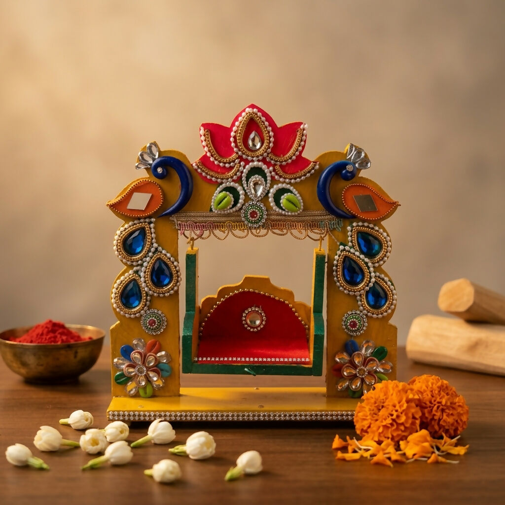 ALVENZA Decorative Laddu Gopal Jhula – Elegant Pooja Seating with Craftsmanship