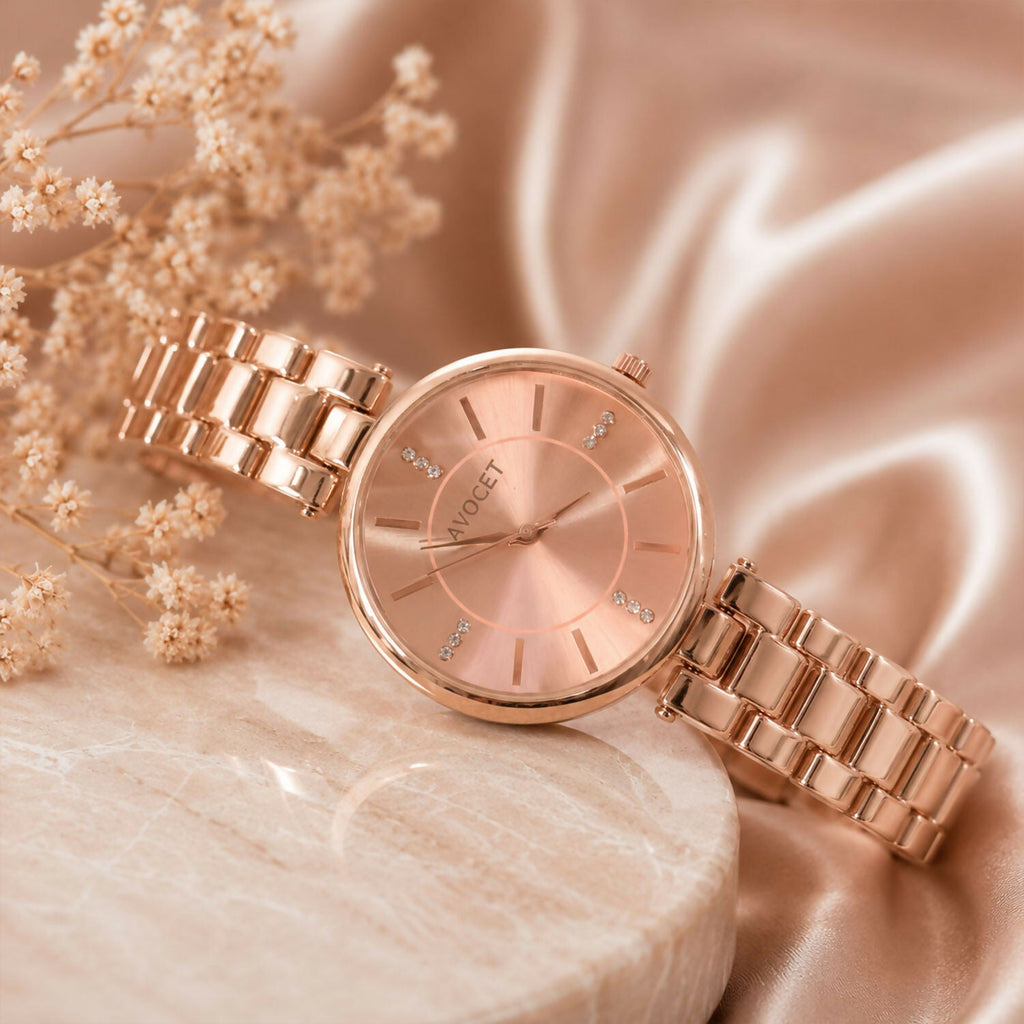 Women’s Rose Gold Bracelet Watch – Elegant Peach Dial & Lightweight Finish