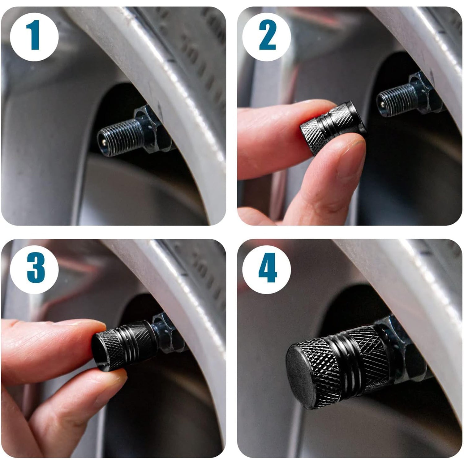 ALVENZA Silver Aluminium Valve Caps – Durable Set of 4 for Cars