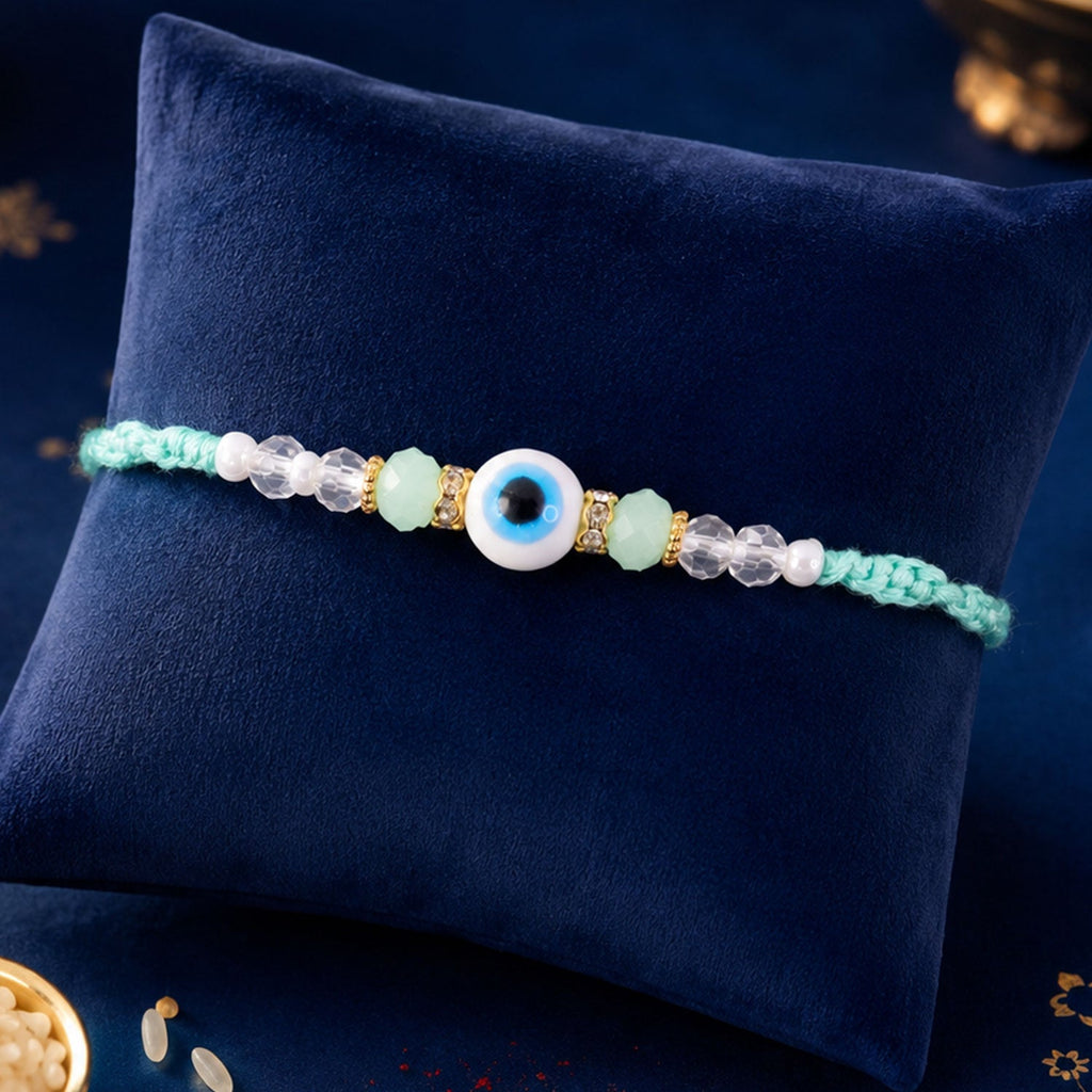 ALVENZA Blue Evil Eye Nazar Charm Rakhi with Turquoise Thread and Bracelet Style Beads