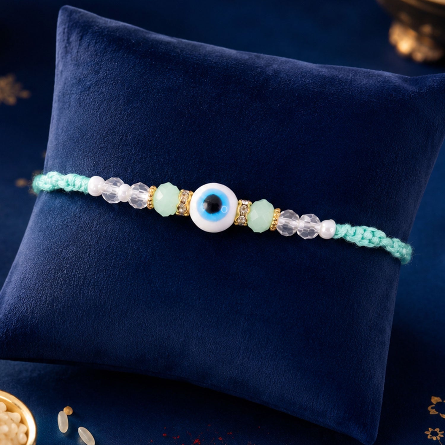 ALVENZA Blue Evil Eye Nazar Charm Rakhi with Turquoise Thread and Bracelet Style Beads