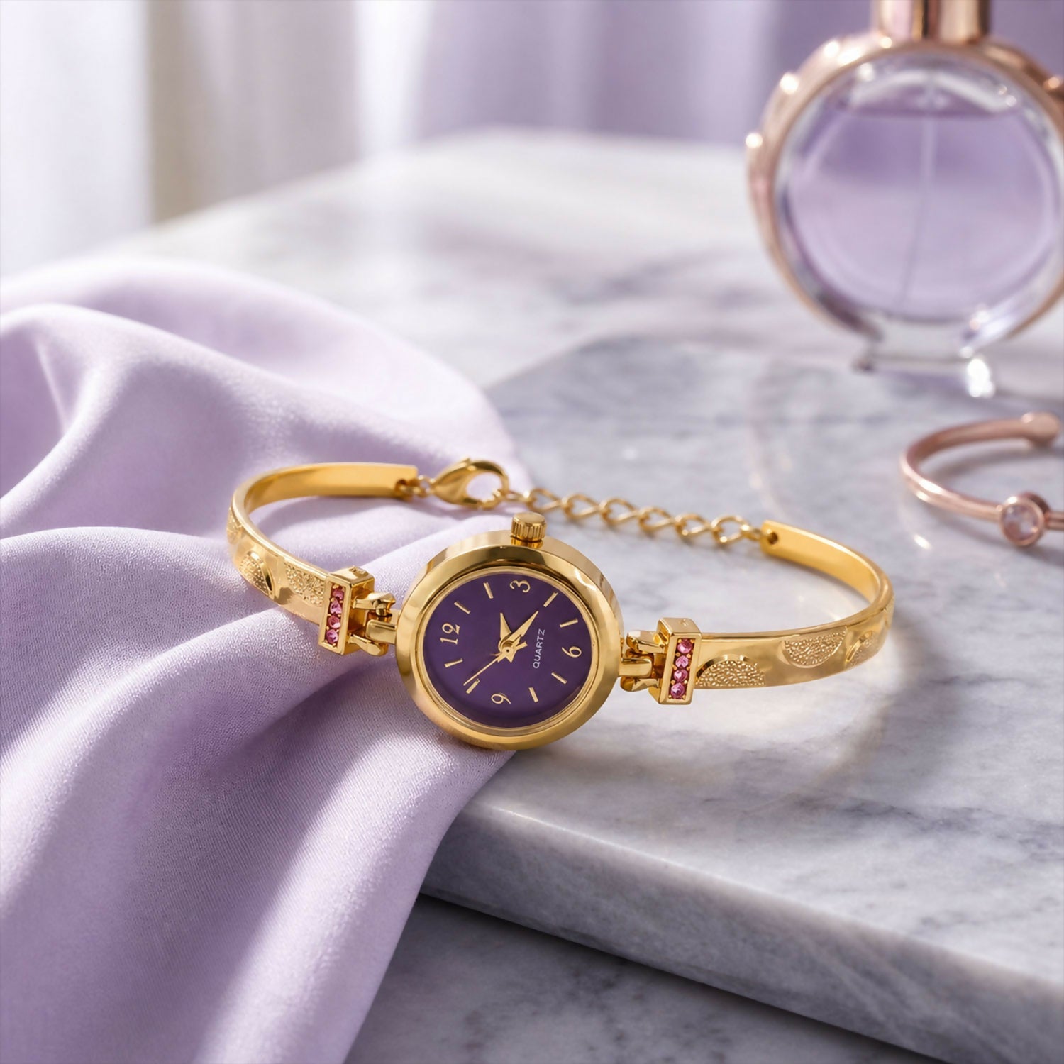 Gold Plated Purple Dial Bracelet Watch With Elegant Design For Women And Girls