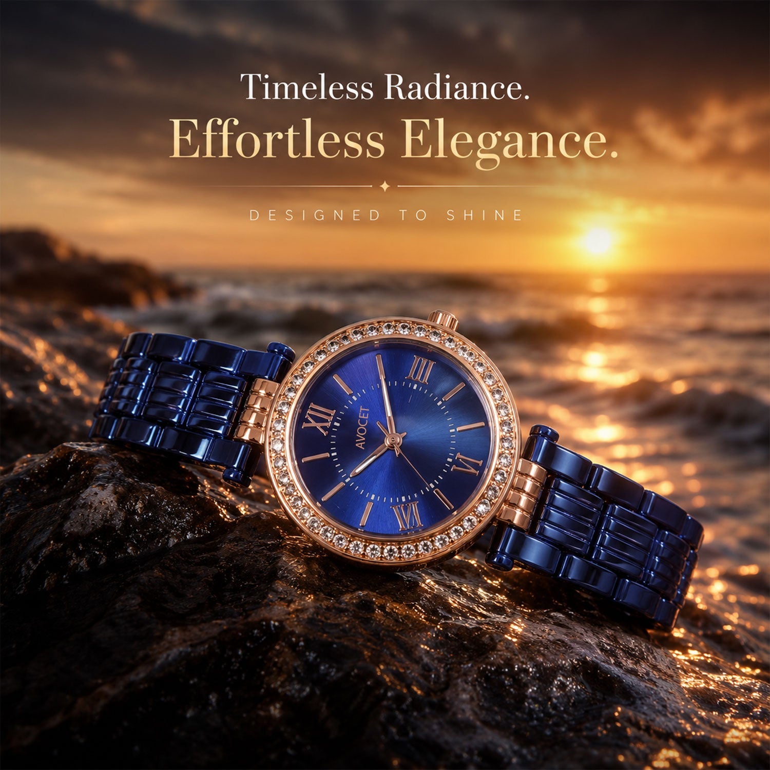 Women's Blue Analog Watch – Rose Gold Crystal Bezel Metal Strap