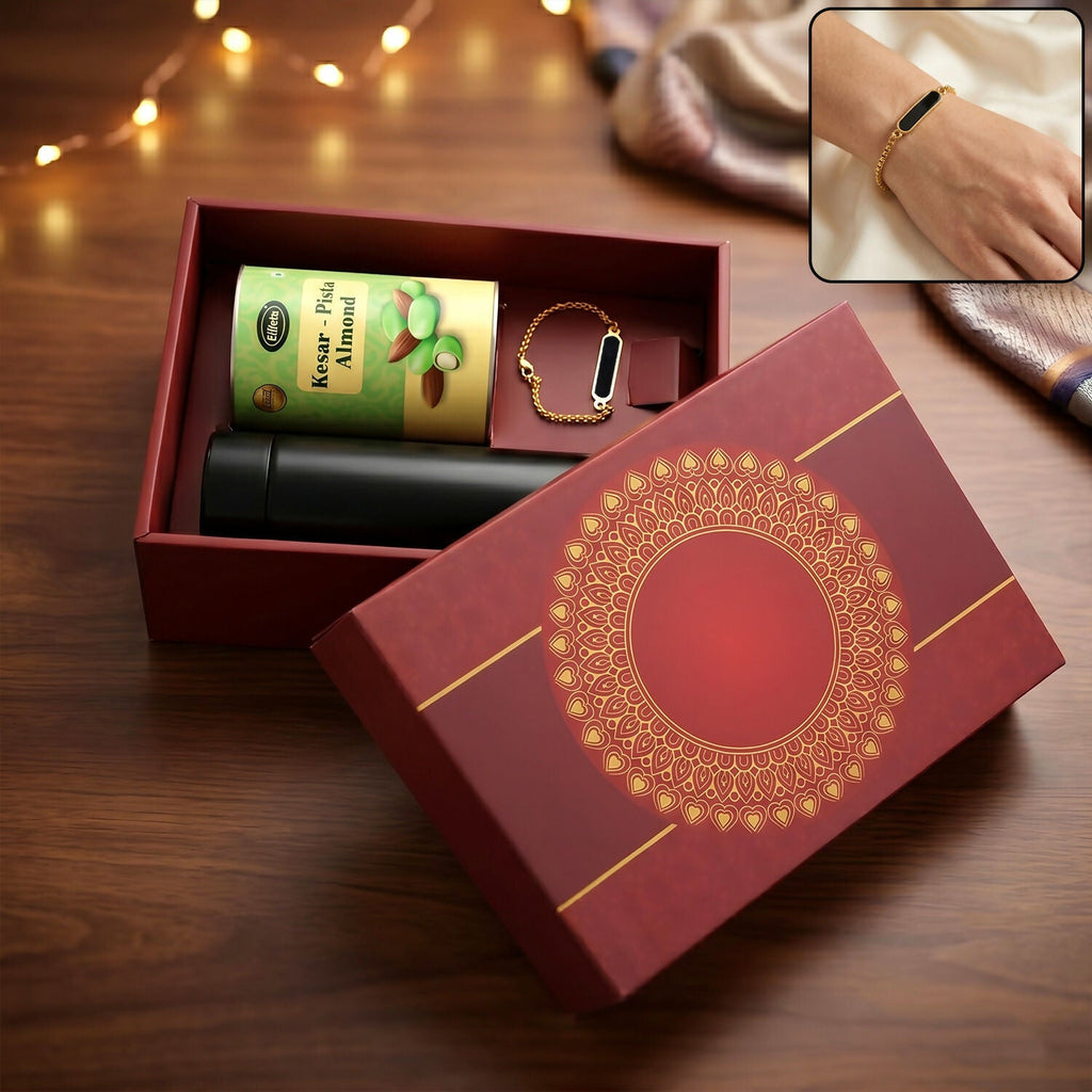 ALVENZA Rakhi - Elegant Customize Premium Gift with Chocolate & Bottle