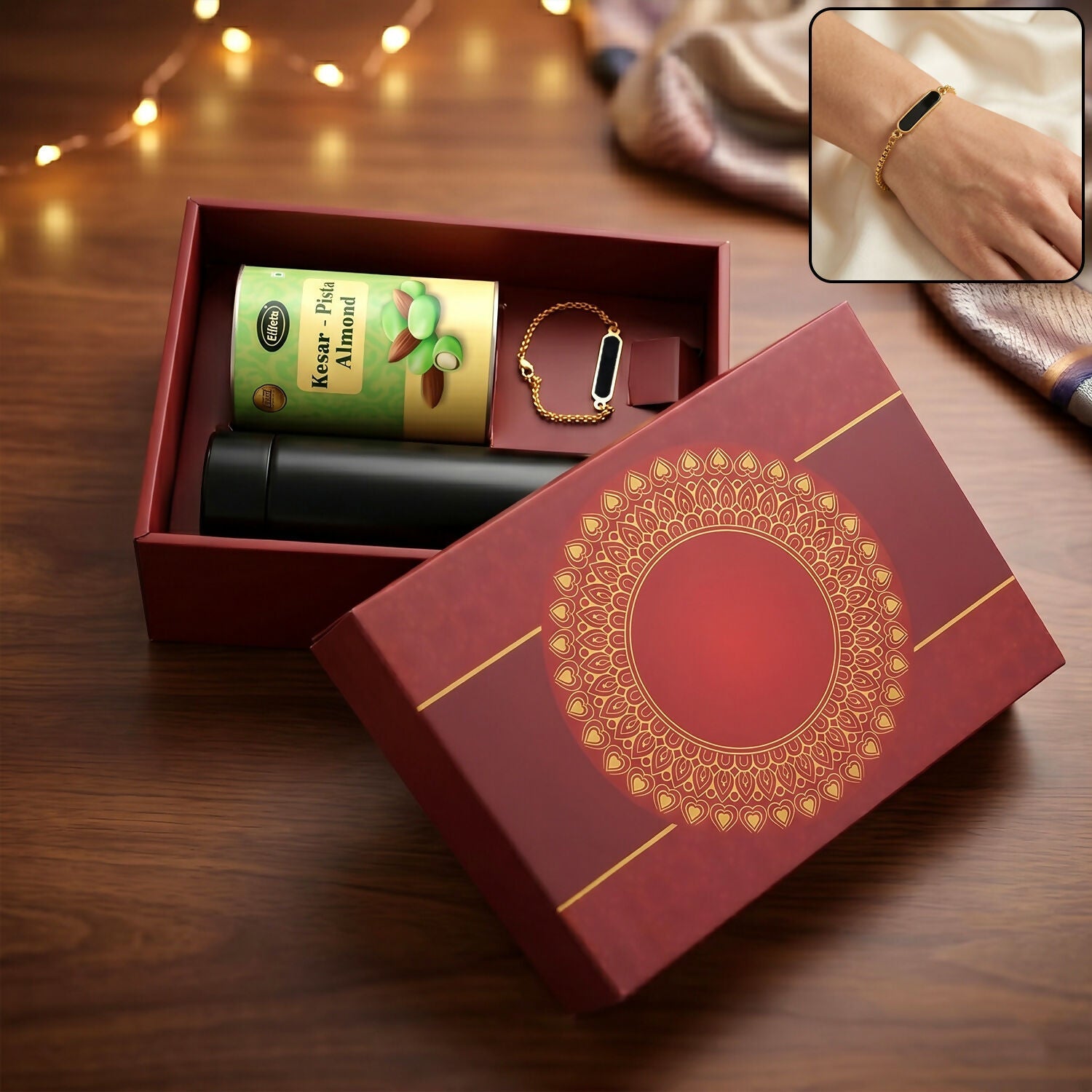 ALVENZA Rakhi - Elegant Customize Premium Gift with Chocolate & Bottle