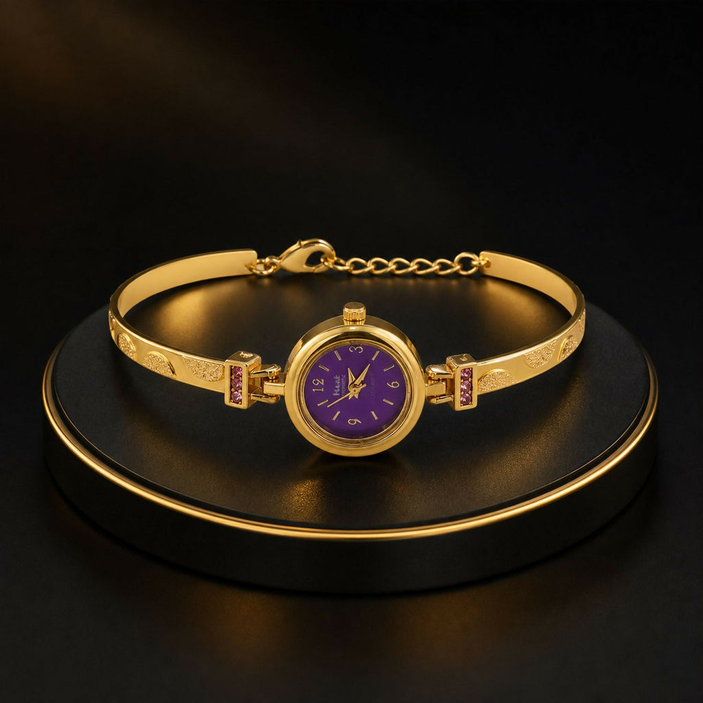 Gold Plated Purple Dial Bracelet Watch With Elegant Design For Women And Girls