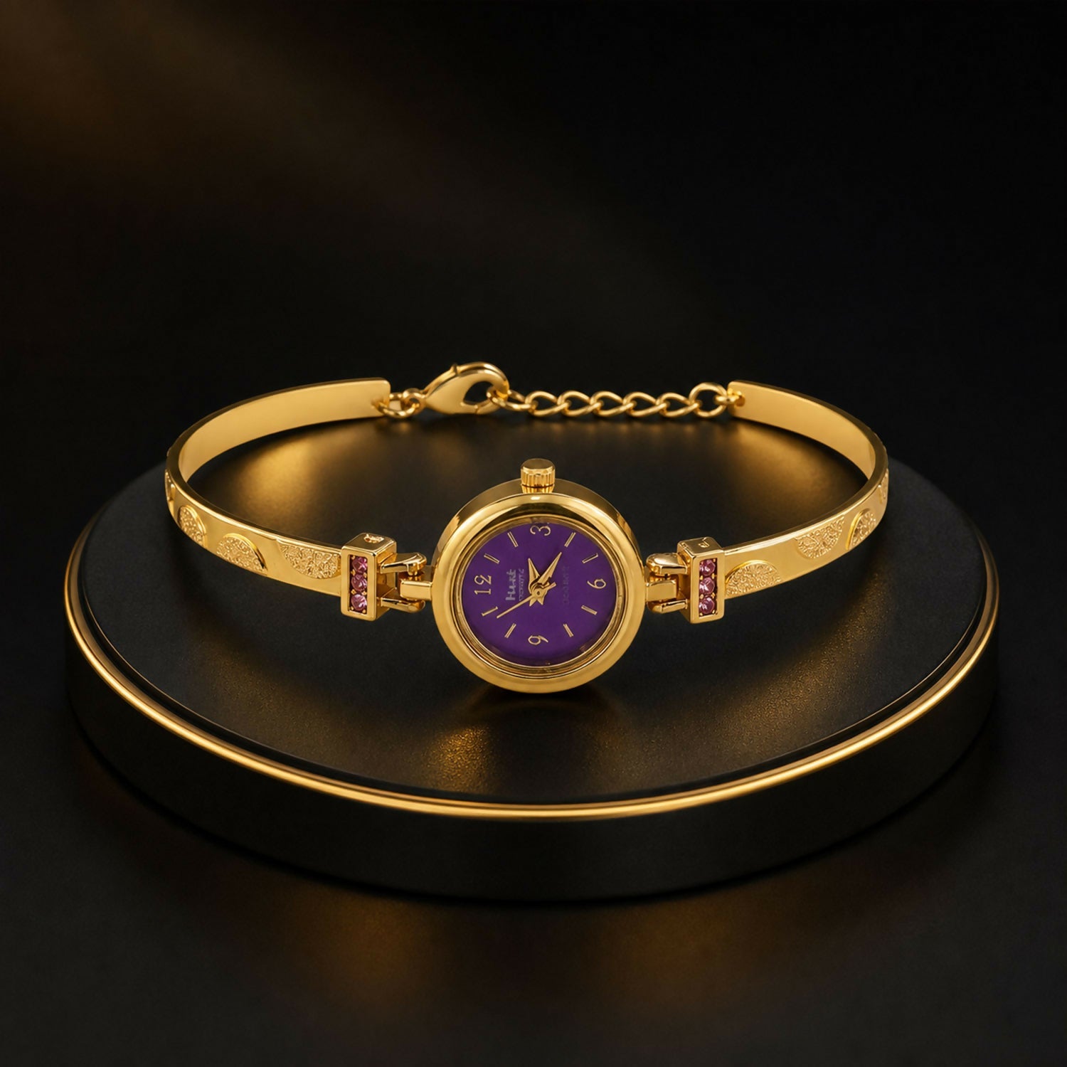 Gold Plated Purple Dial Bracelet Watch With Elegant Design For Women And Girls
