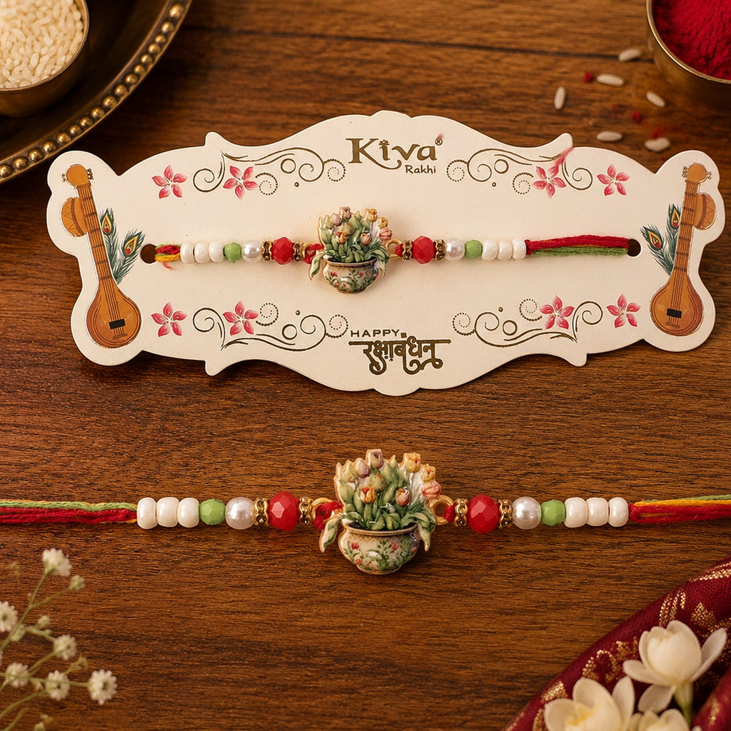 ALVENZA Auspicious Floral Kalash Devotional Rakhi for Brother with Beads Gift