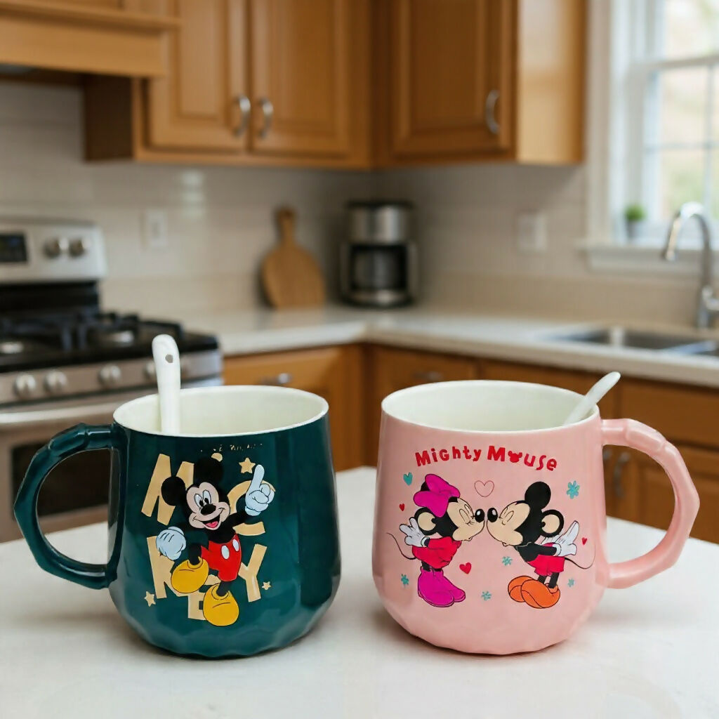 ALVENZA Ceramic Mug Set of 2 – Cute Couple Prints with Spoons for Daily Use