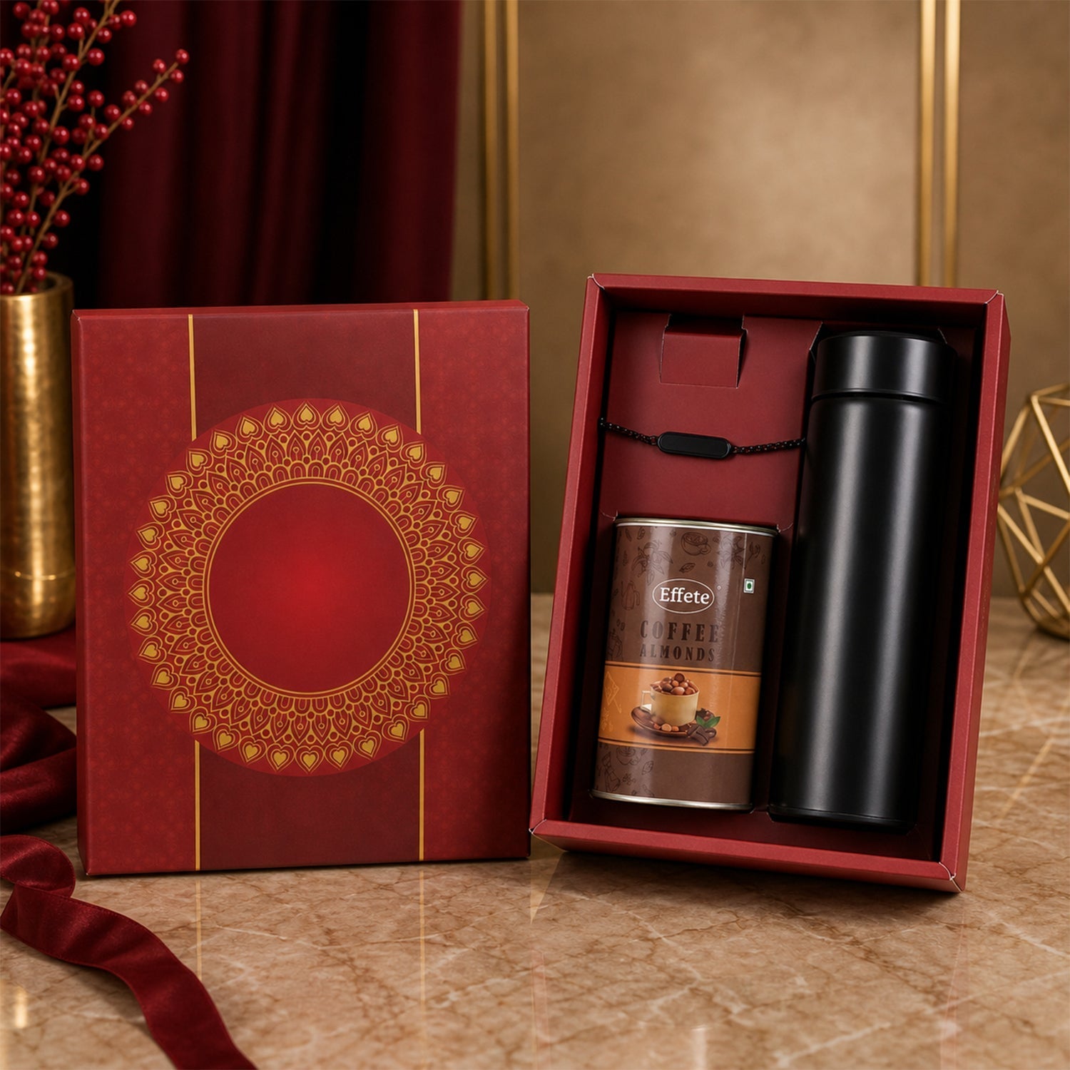 ALVENZA Customize Black Rakhi - Elegant Gift for Brothers with Chocolate & Bottle