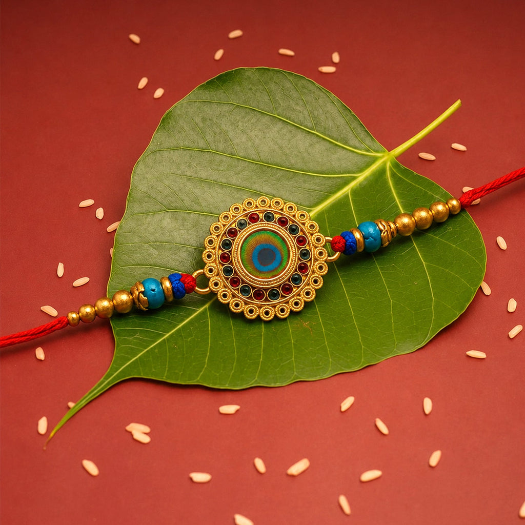 ALVENZA Traditional Flower Design Golden Rakhi - Festive Elegance & Blessings