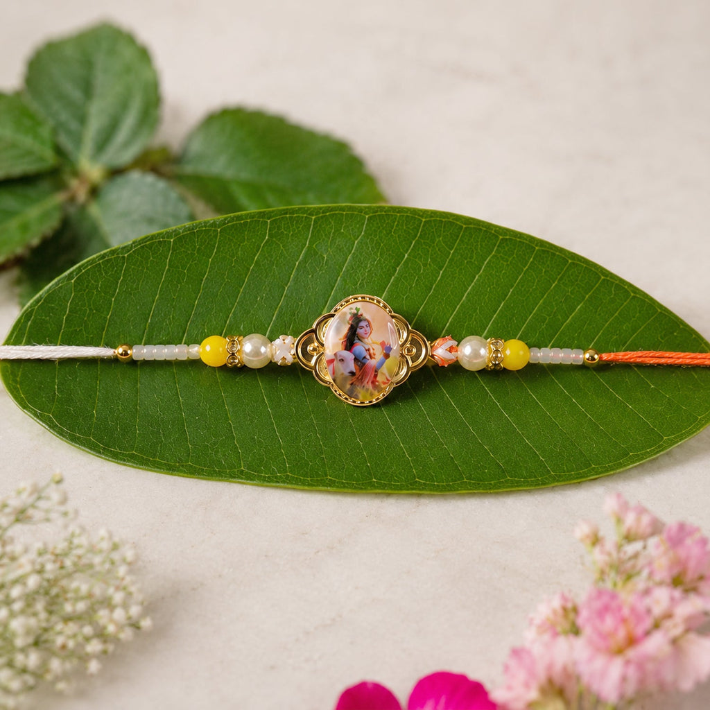 ALVENZA Lord Krishna Rakhi – Elegant Designer Thread with Beads and Photo