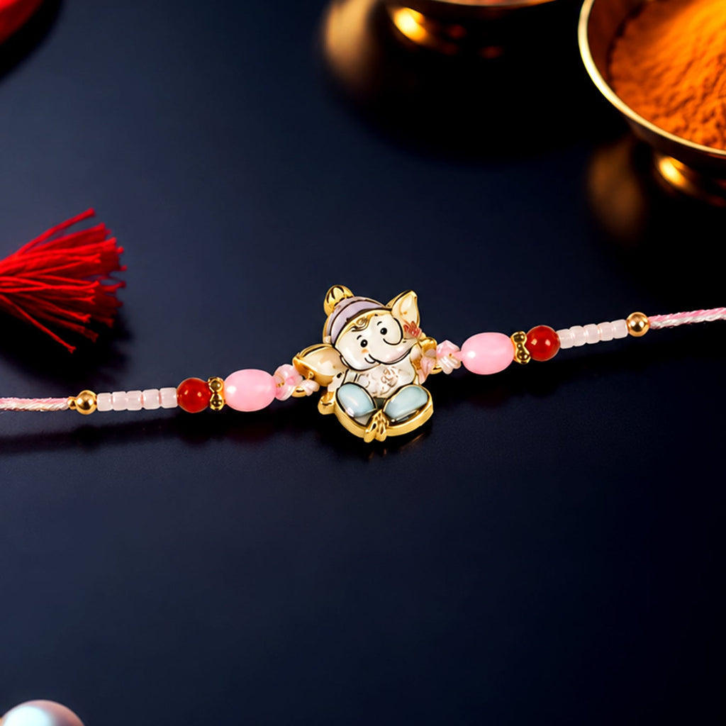 ALVENZA Ganesha Rakhi – Beautiful Pink and Red Beads for Raksha Bandhan