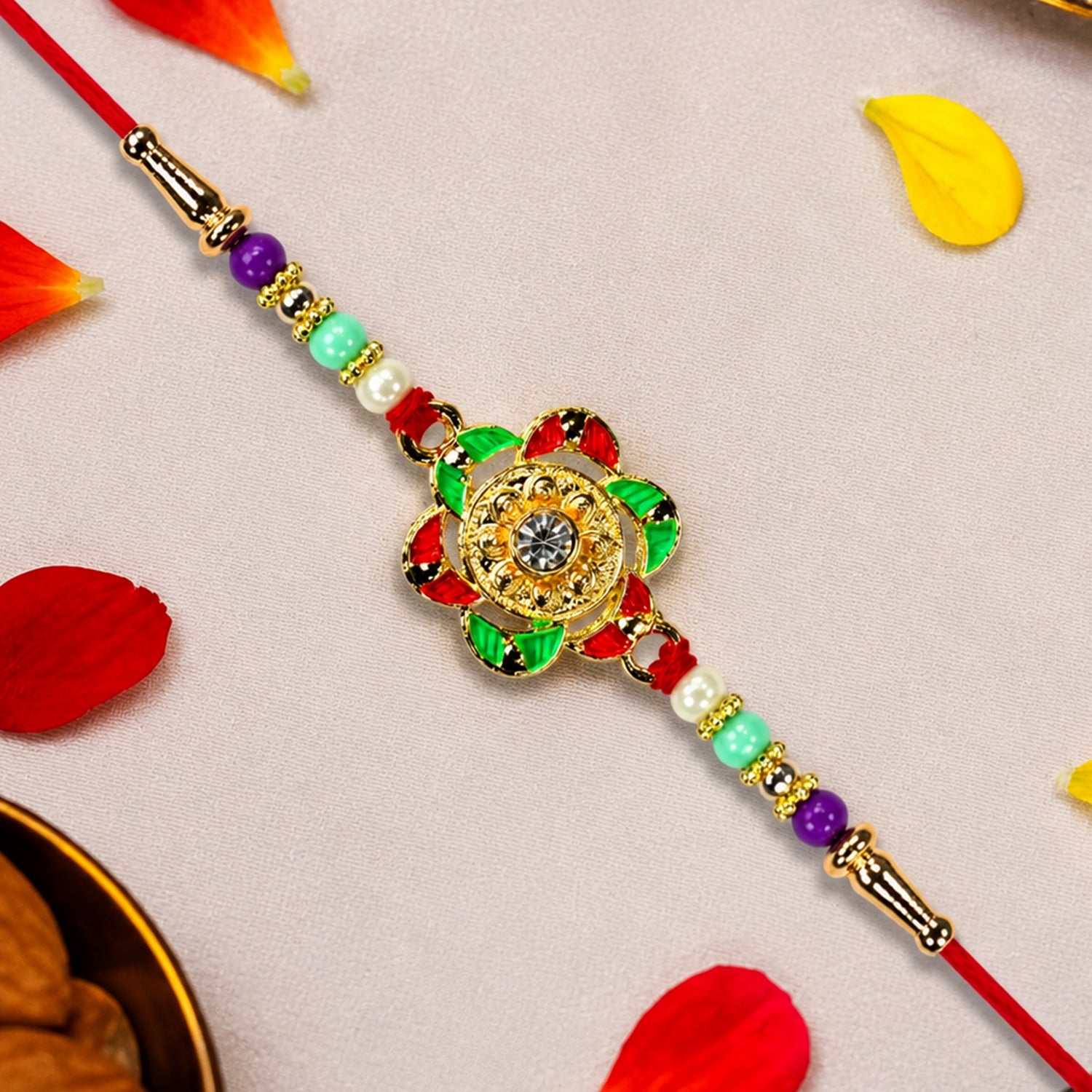 ALVENZA Gold Plated Floral Rakhi - Elegant Traditional Design for Raksha Bandhan