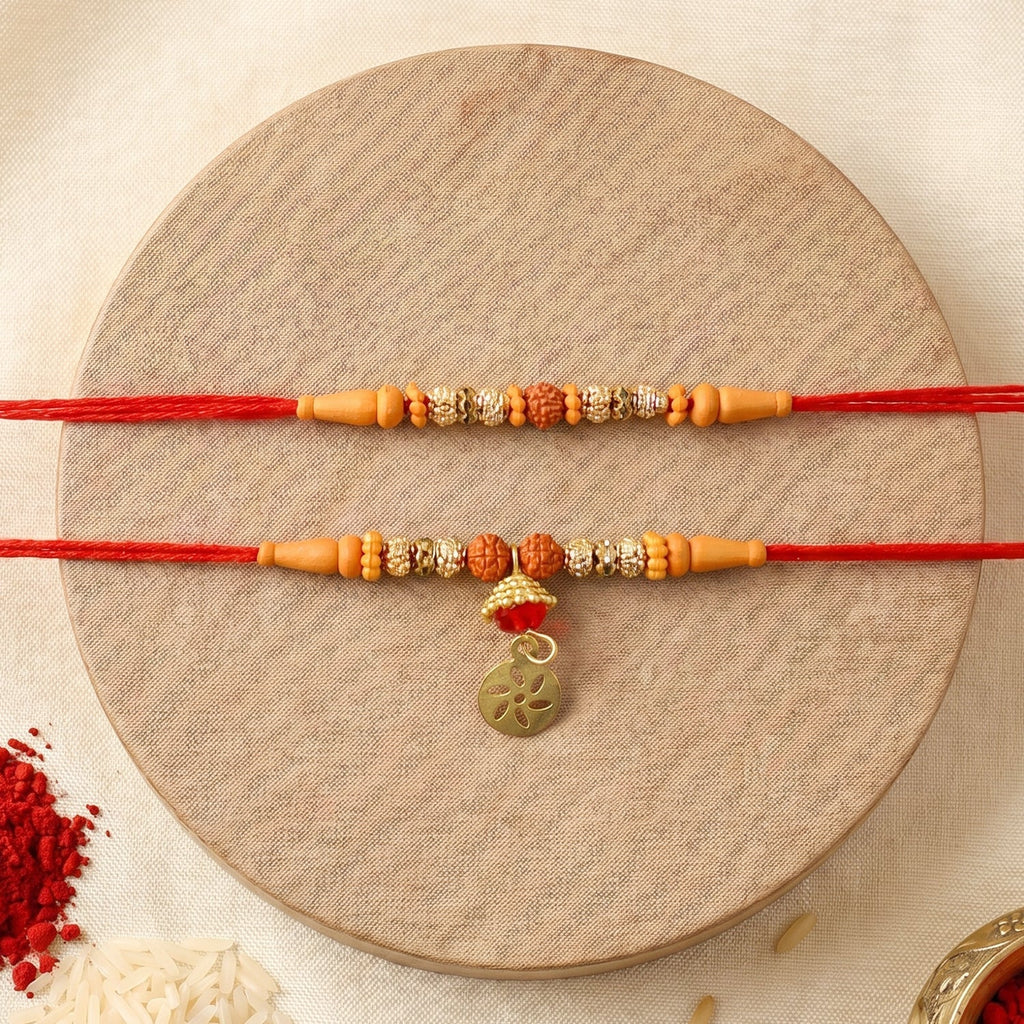 ALVENZA Premium Rudraksha Bead Om Charm Bhabhi Lumba Rakhi – Traditional with Modern Style