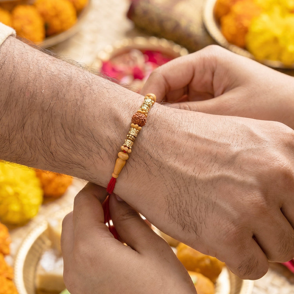 ALVENZA Premium Rudraksha Bead Om Charm Bhabhi Lumba Rakhi – Traditional with Modern Style