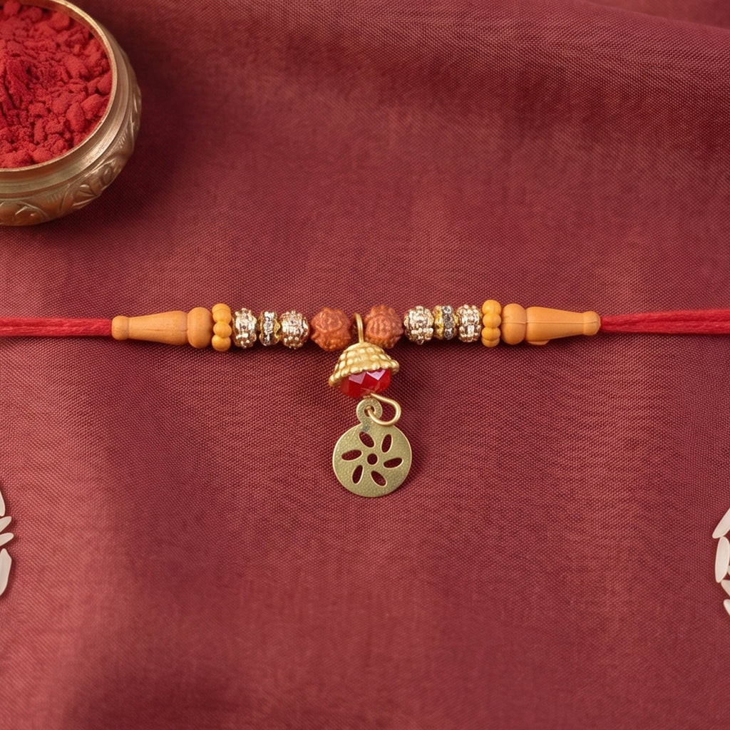 ALVENZA Premium Rudraksha Bead Om Charm Bhabhi Lumba Rakhi – Traditional with Modern Style