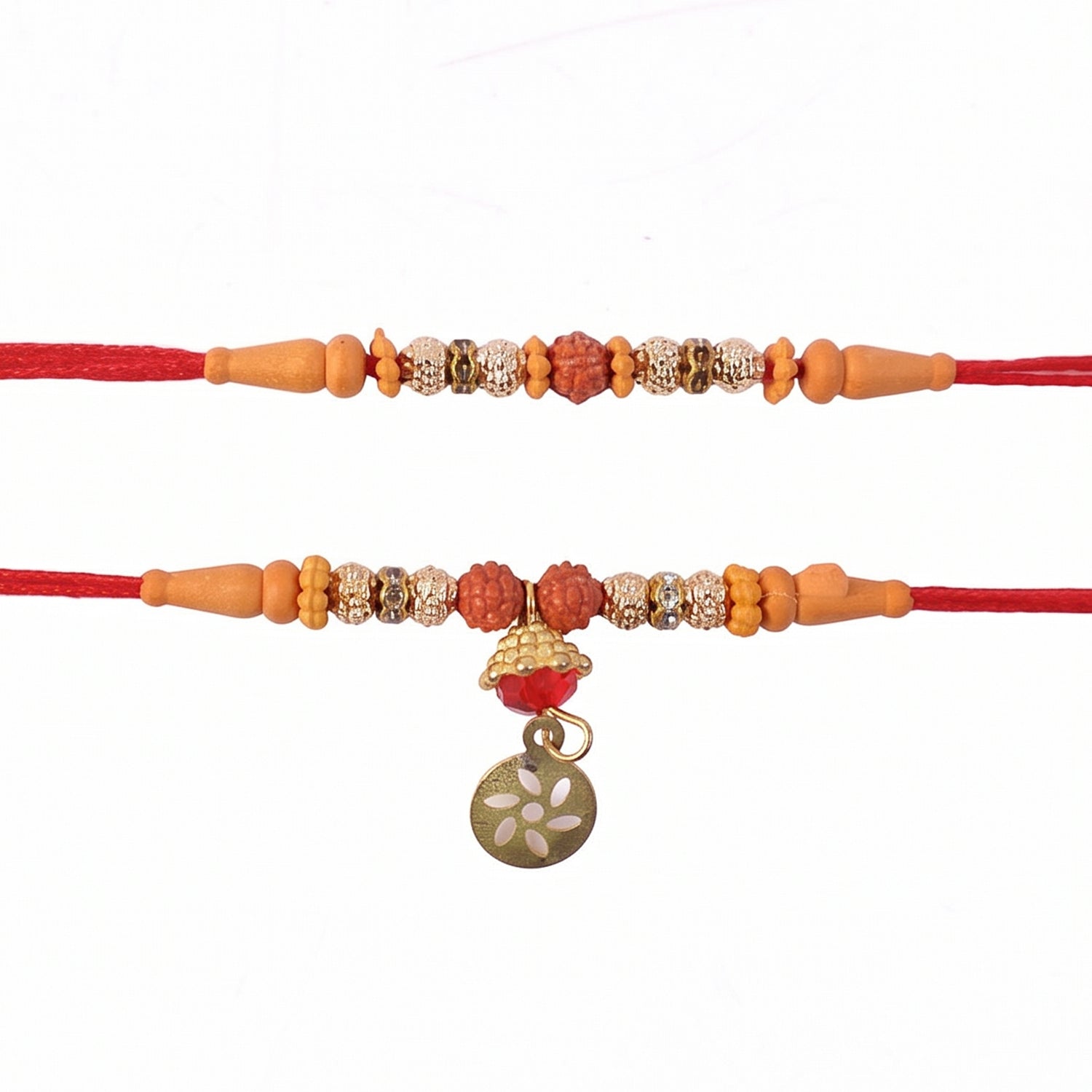 ALVENZA Premium Rudraksha Bead Om Charm Bhabhi Lumba Rakhi – Traditional with Modern Style