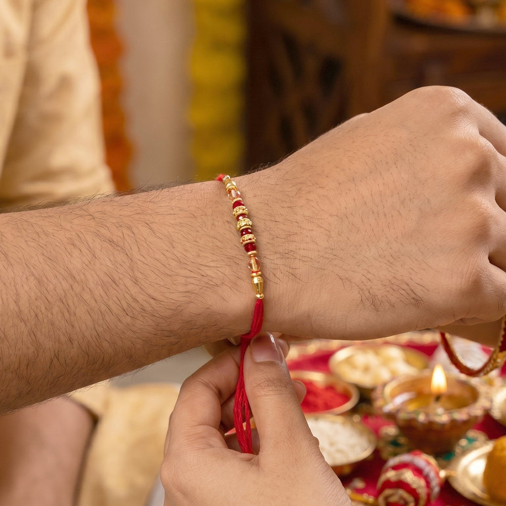 ALVENZA Premium Golden Beaded Designer bhabhi Lumba Rakhi for Raksha Bandhan