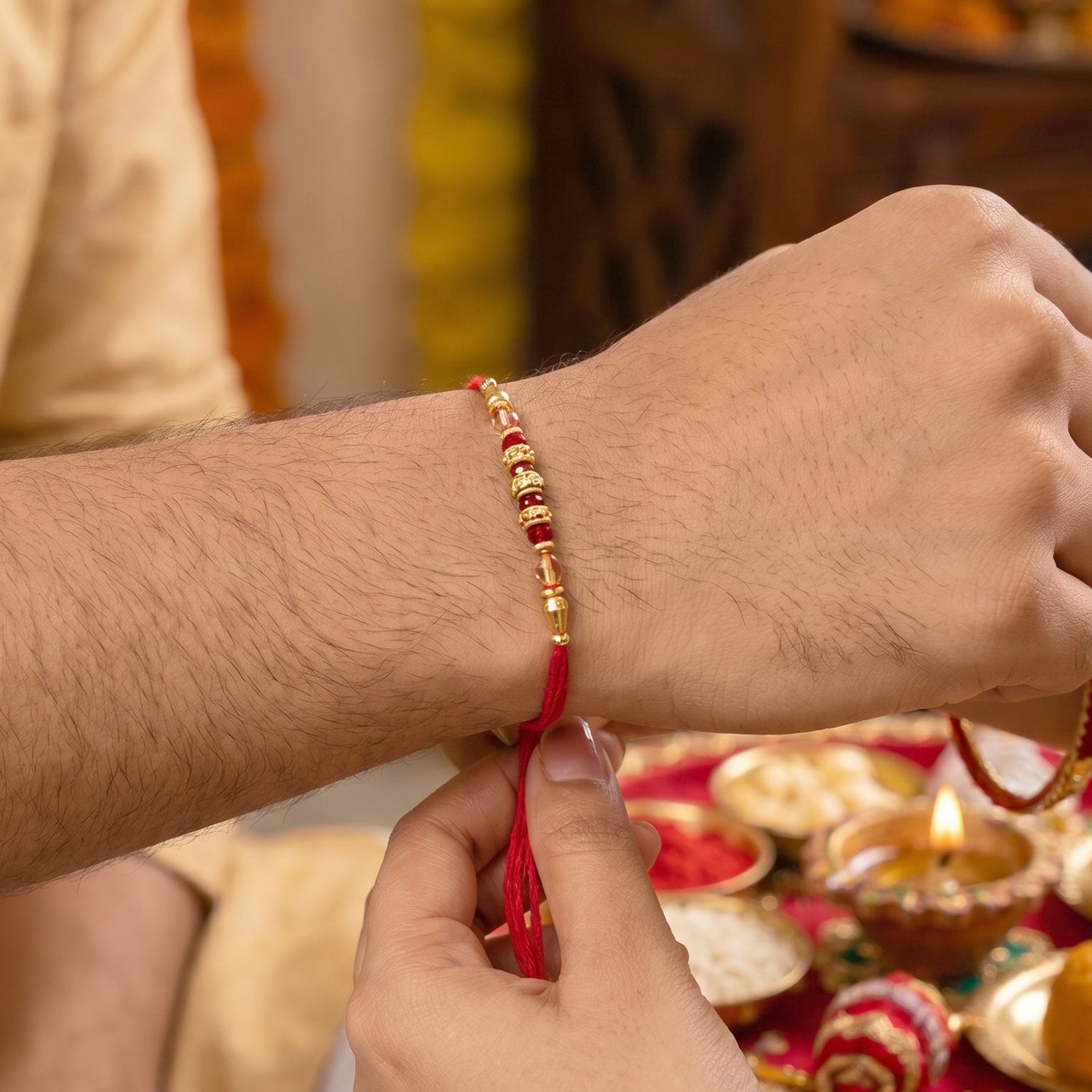 ALVENZA Premium Golden Beaded Designer bhabhi Lumba Rakhi for Raksha Bandhan