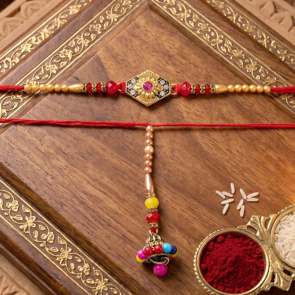 ALVENZA Premium Hexagon Stone Designer bhabhi Lumba Rakhi – Elegant Beaded Traditional Thread