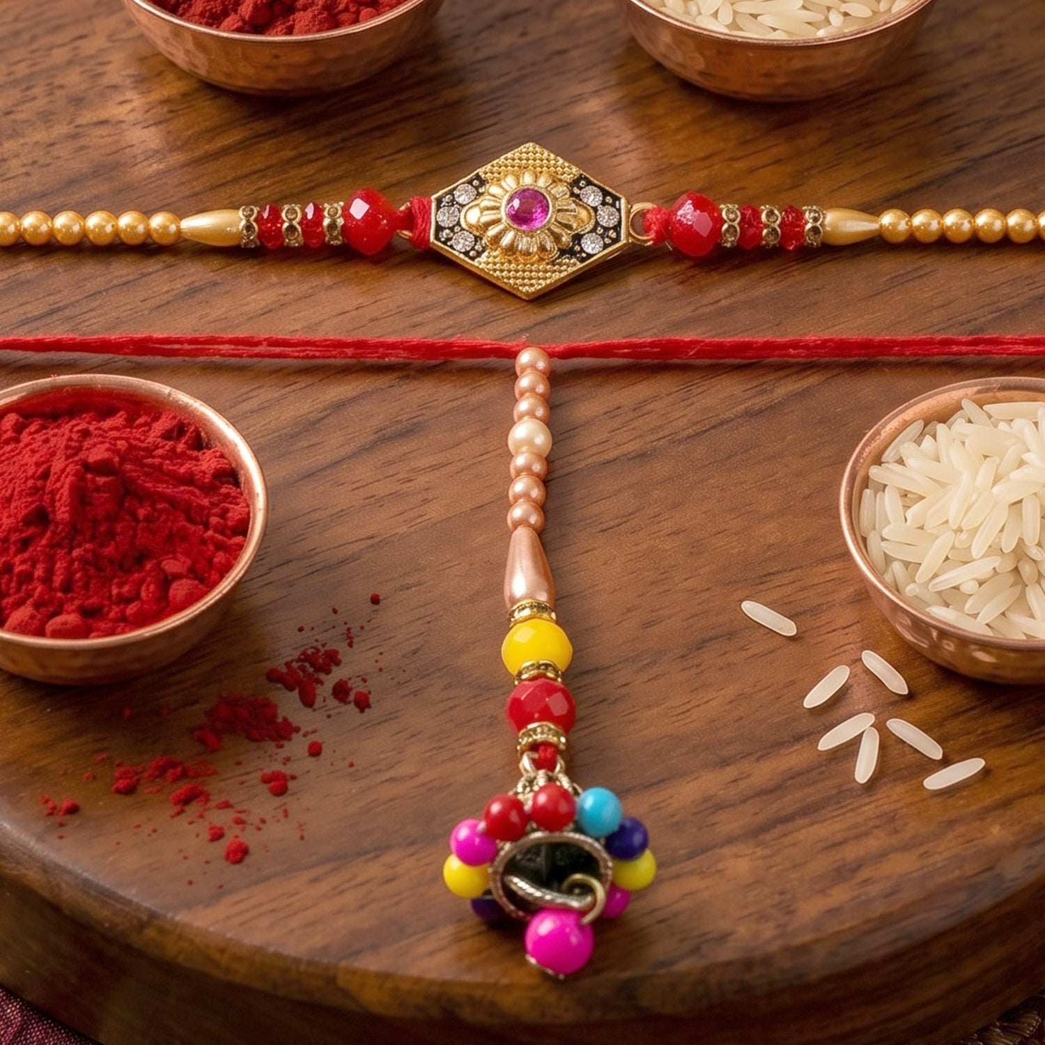 ALVENZA Premium Hexagon Stone Designer bhabhi Lumba Rakhi – Elegant Beaded Traditional Thread