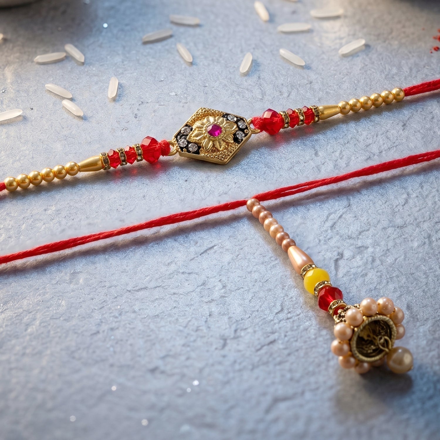 ALVENZA Premium Diamond Shape Stone bhabhi Lumba Rakhi – Elegantly crafted with Pearl Jhumka