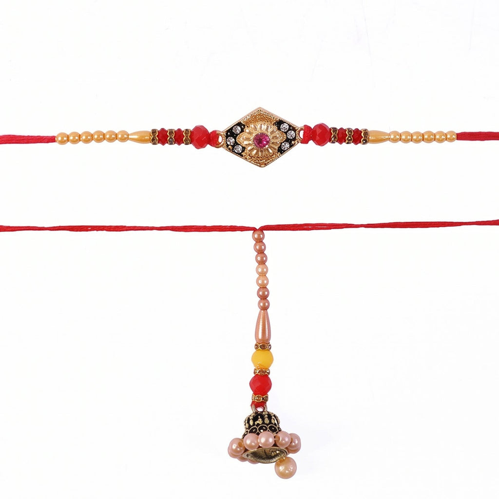 ALVENZA Premium Diamond Shape Stone bhabhi Lumba Rakhi – Elegantly crafted with Pearl Jhumka