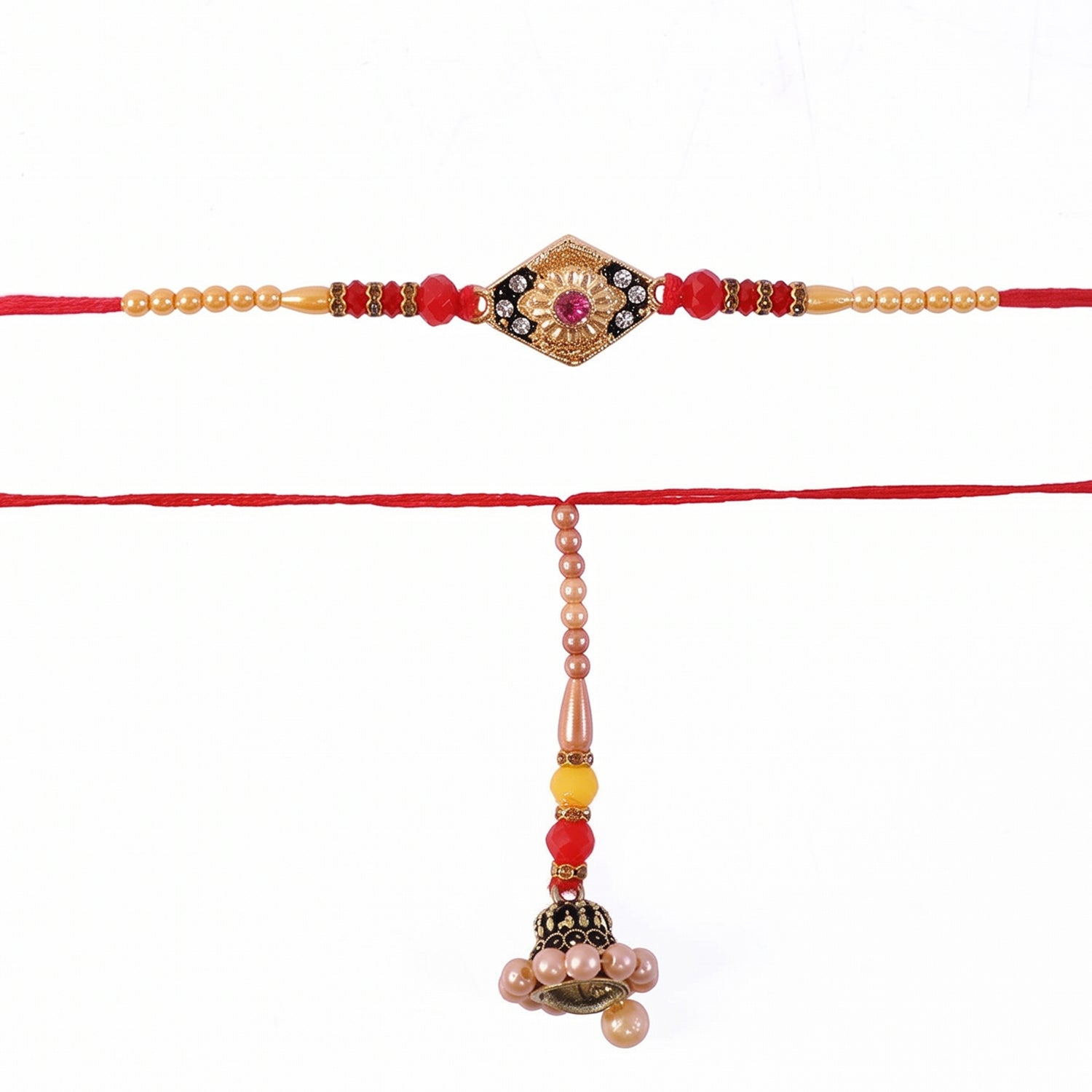 ALVENZA Premium Diamond Shape Stone bhabhi Lumba Rakhi – Elegantly crafted with Pearl Jhumka
