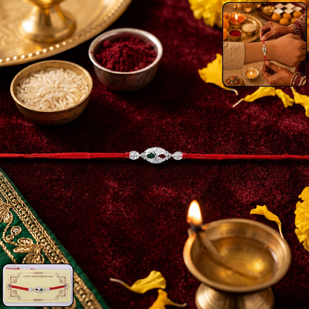 ALVENZA Silver Oval Rakhi – Elegant Design with Red Thread