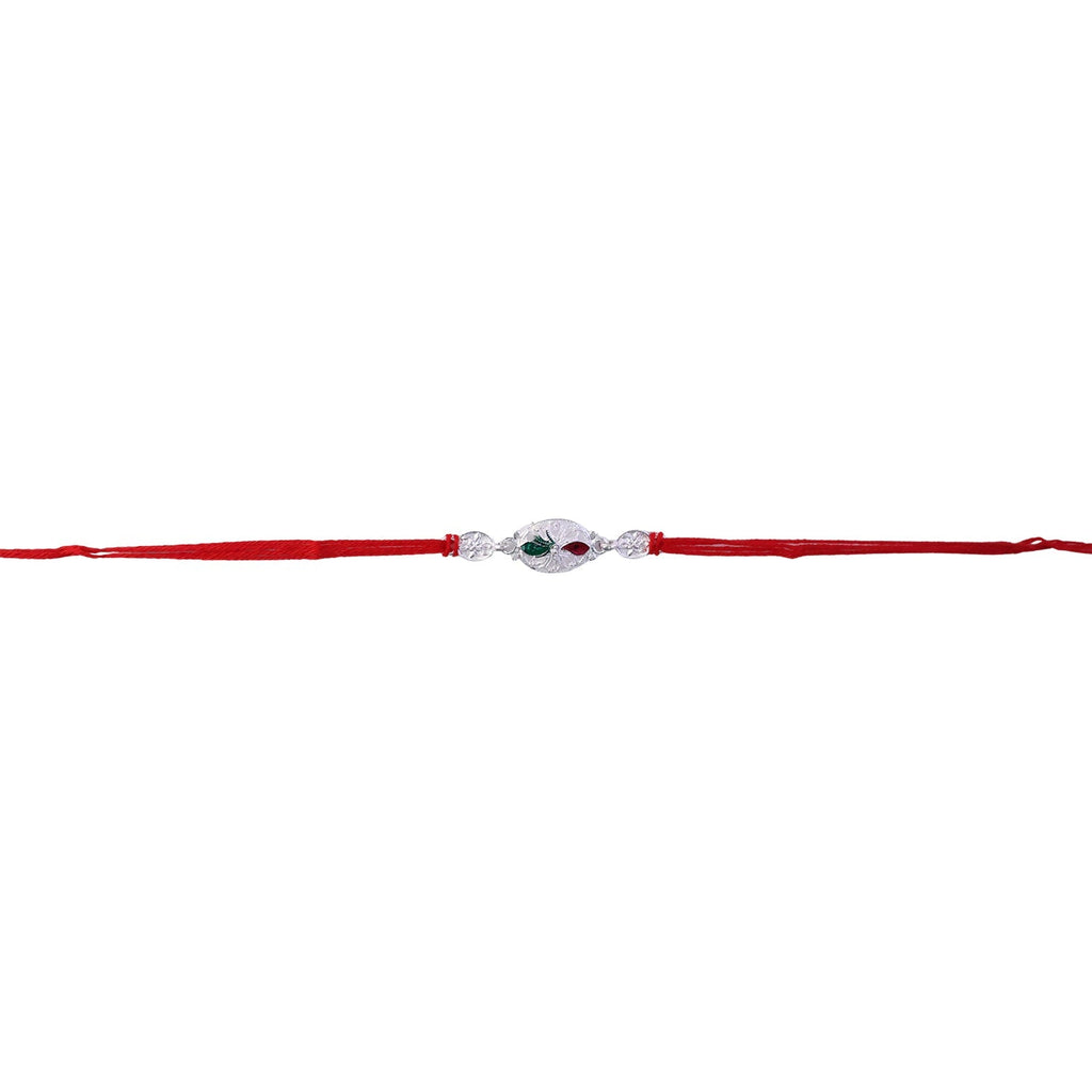 ALVENZA Silver Oval Rakhi – Elegant Design with Red Thread