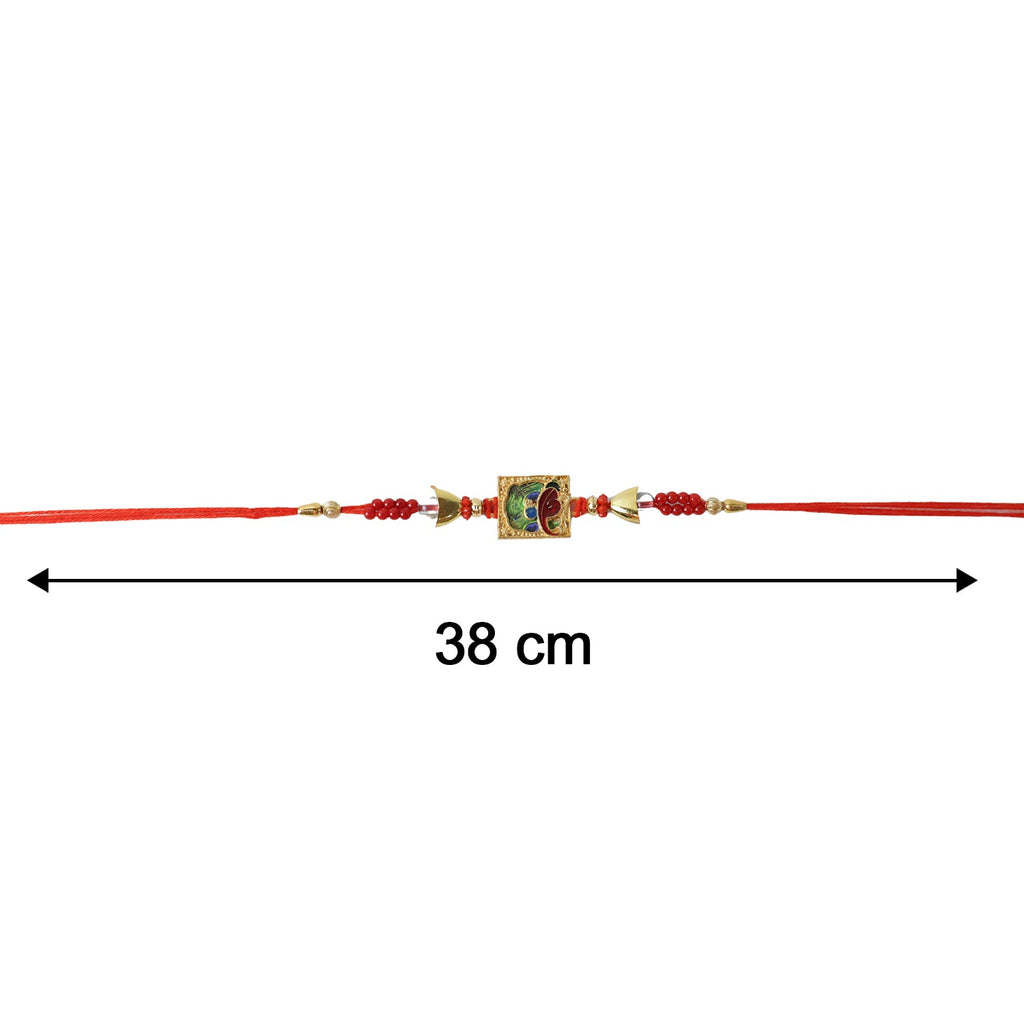 ALVENZA Traditional Square Motif Rakhi – Vibrant Red Beads & Elegant Design