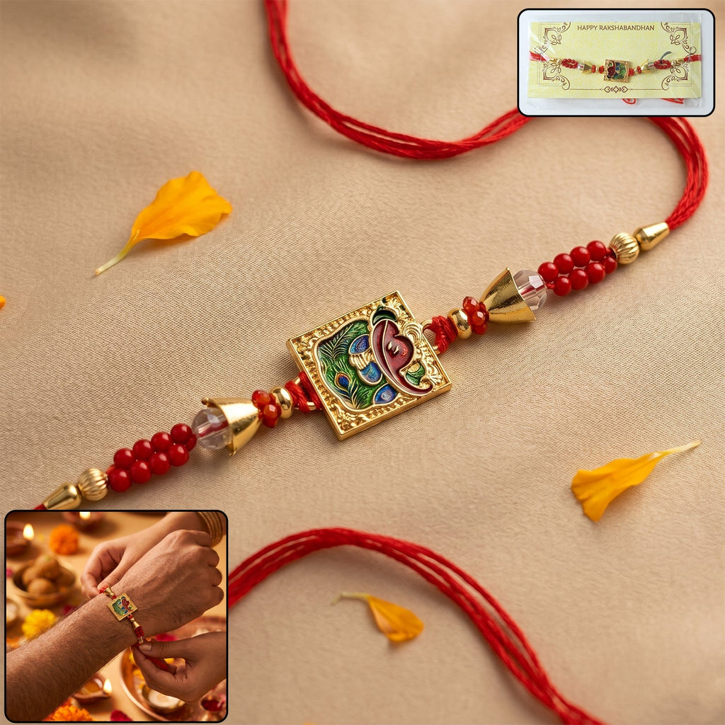 ALVENZA Traditional Square Motif Rakhi – Vibrant Red Beads & Elegant Design