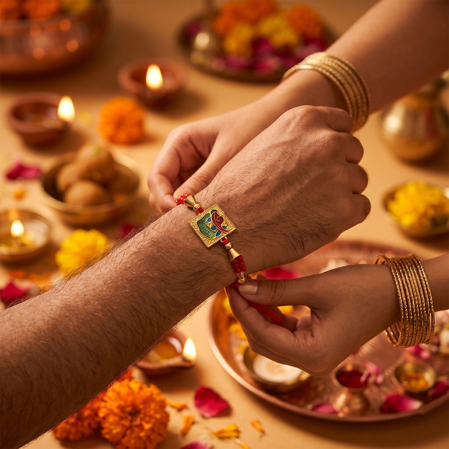 ALVENZA Traditional Square Motif Rakhi – Vibrant Red Beads & Elegant Design