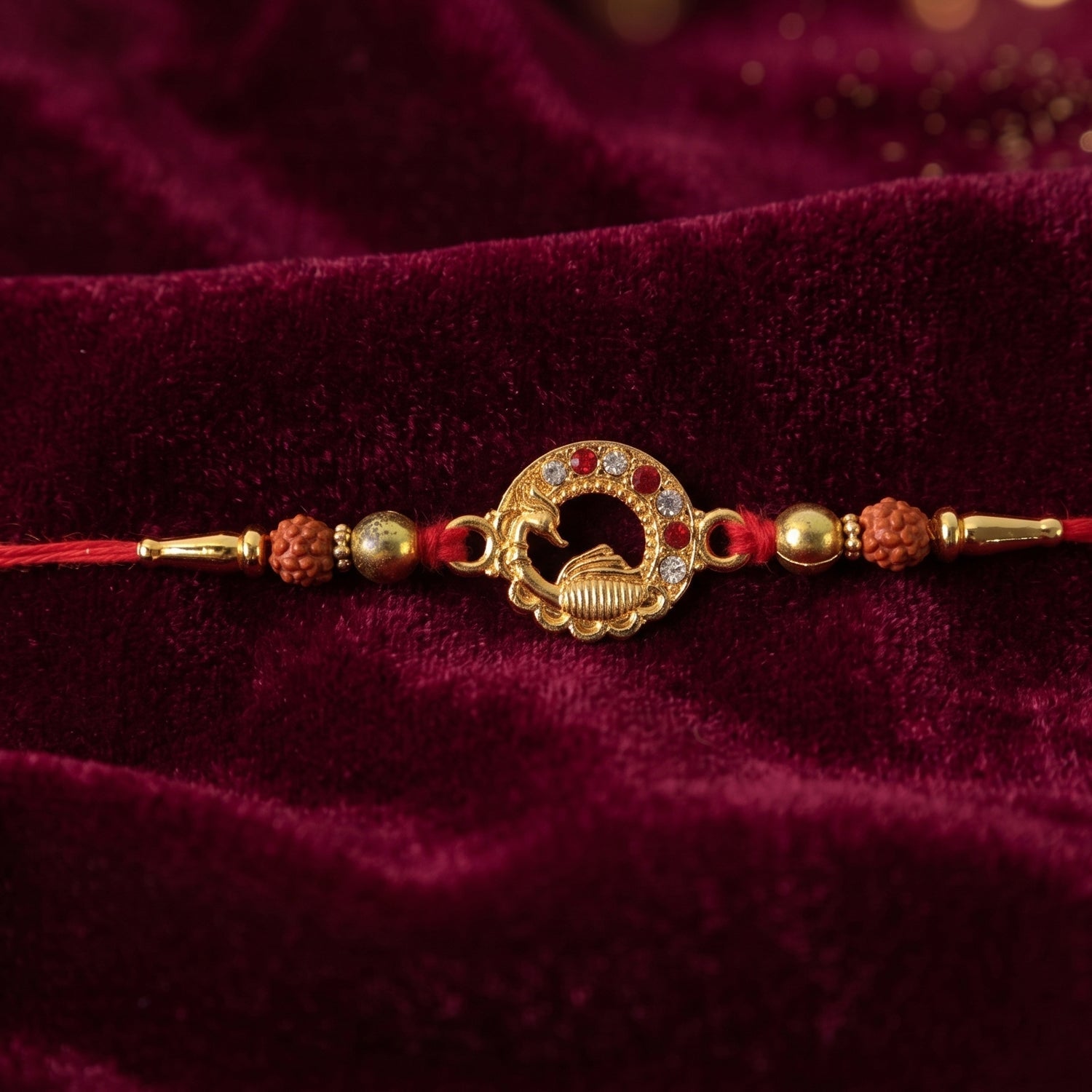 ALVENZA Golden Peacock Rakhi – Elegant Design with Rudraksha Beads for Brothers