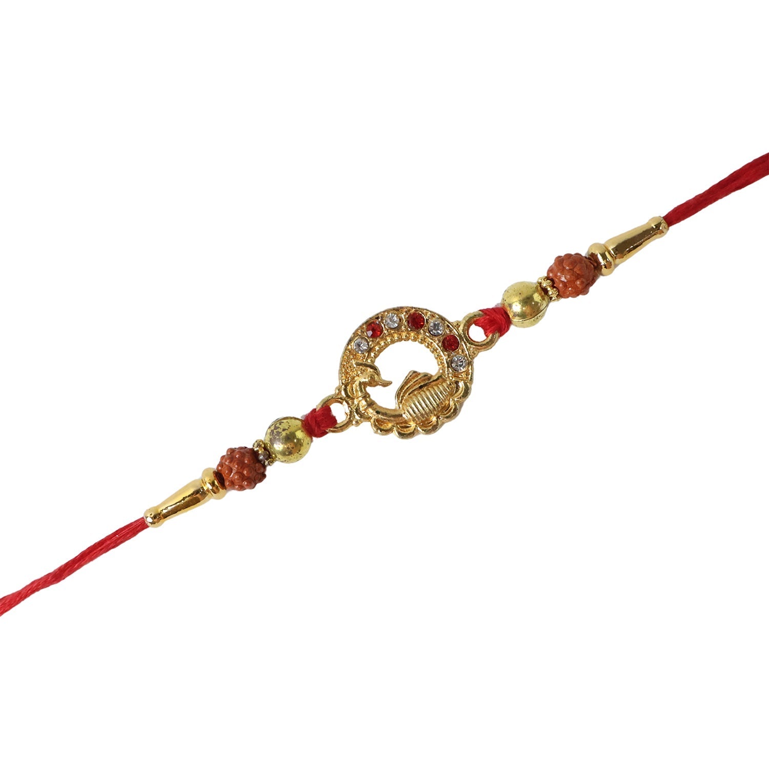 ALVENZA Golden Peacock Rakhi – Elegant Design with Rudraksha Beads for Brothers