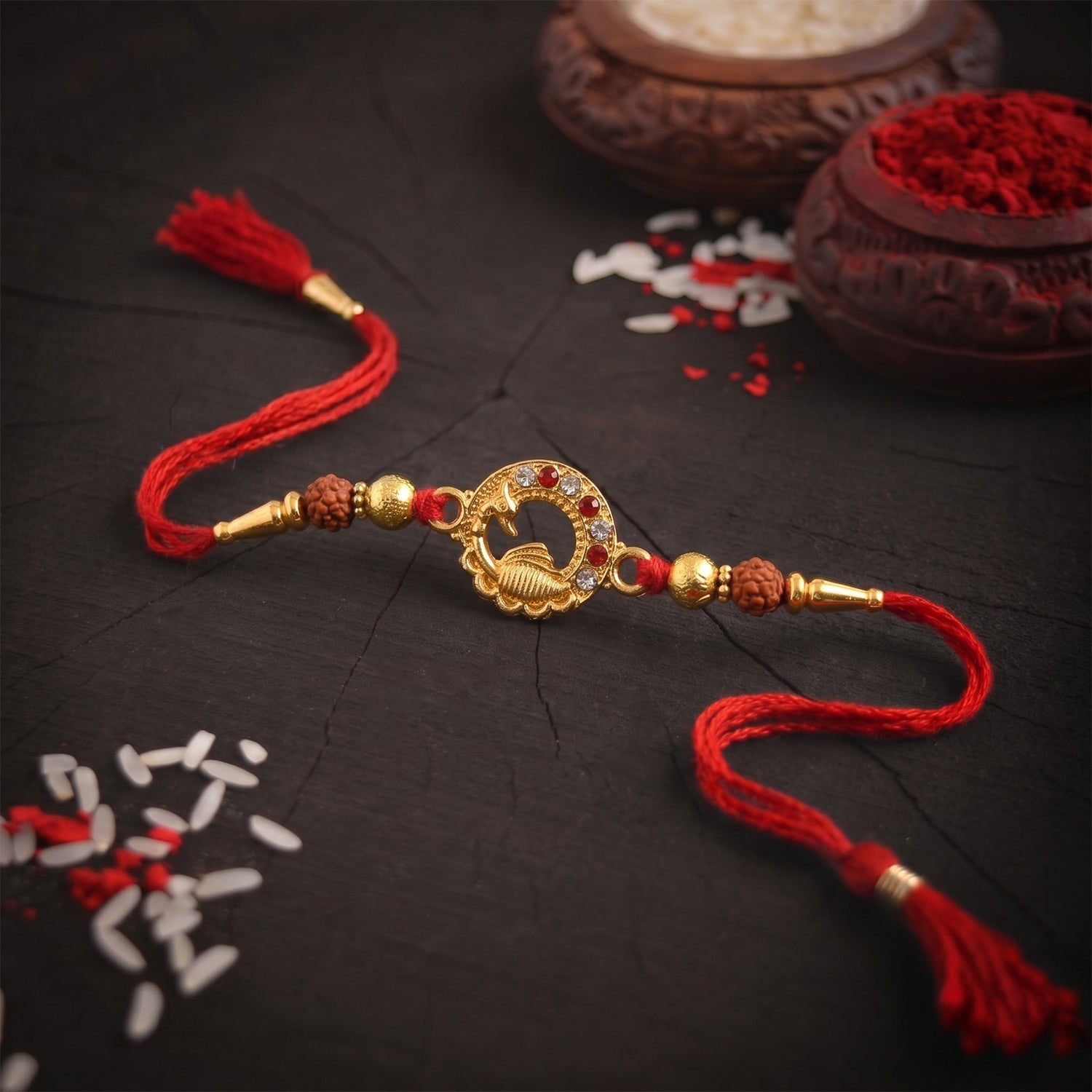 ALVENZA Golden Peacock Rakhi – Elegant Design with Rudraksha Beads for Brothers