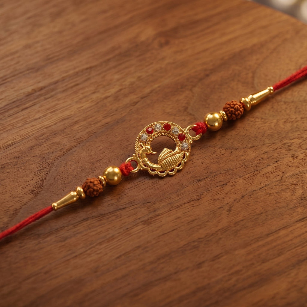 ALVENZA Golden Peacock Rakhi – Elegant Design with Rudraksha Beads for Brothers