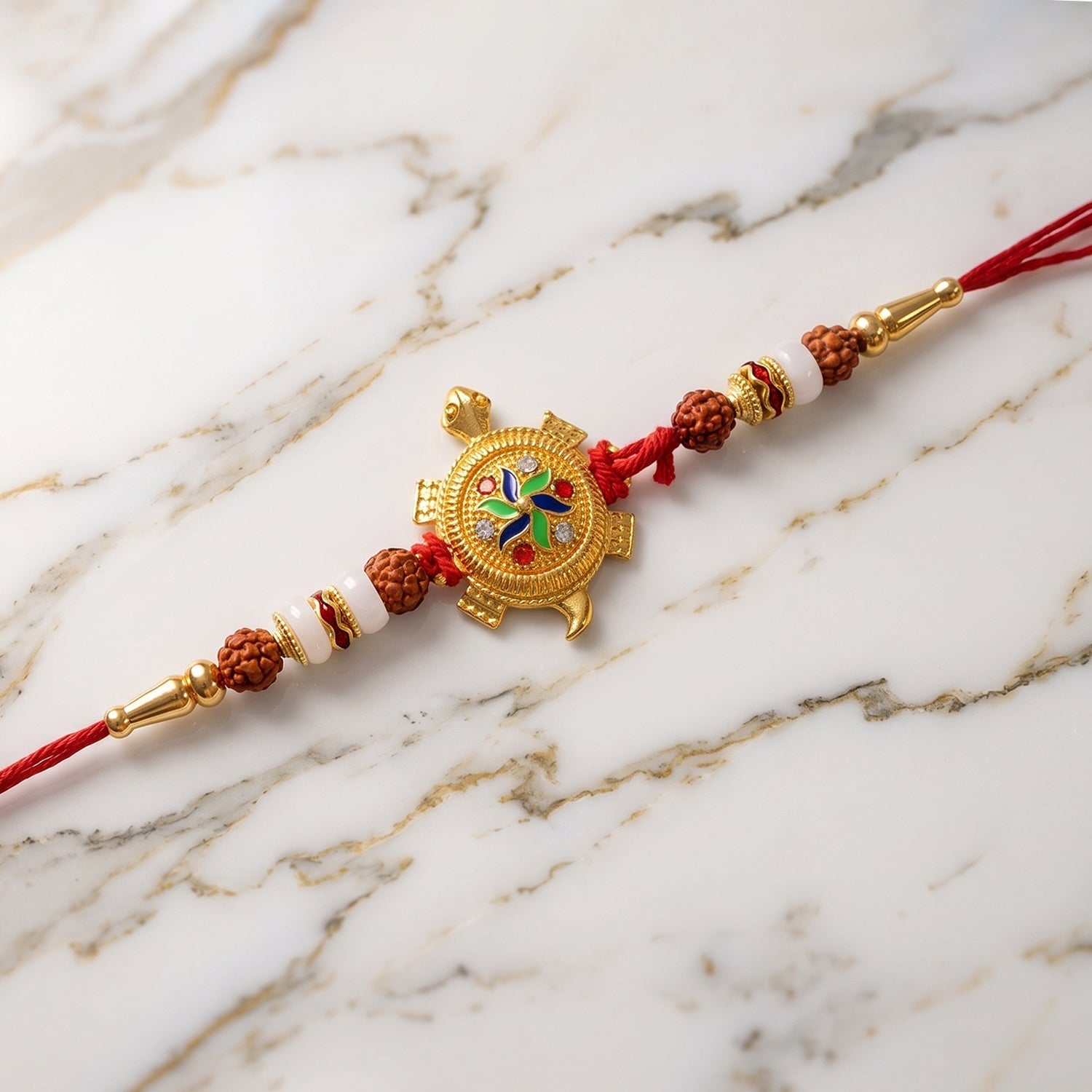 ALVENZA Traditional Turtle Design Rakhi – Elegant Rudraksha Beads for Raksha Bandhan