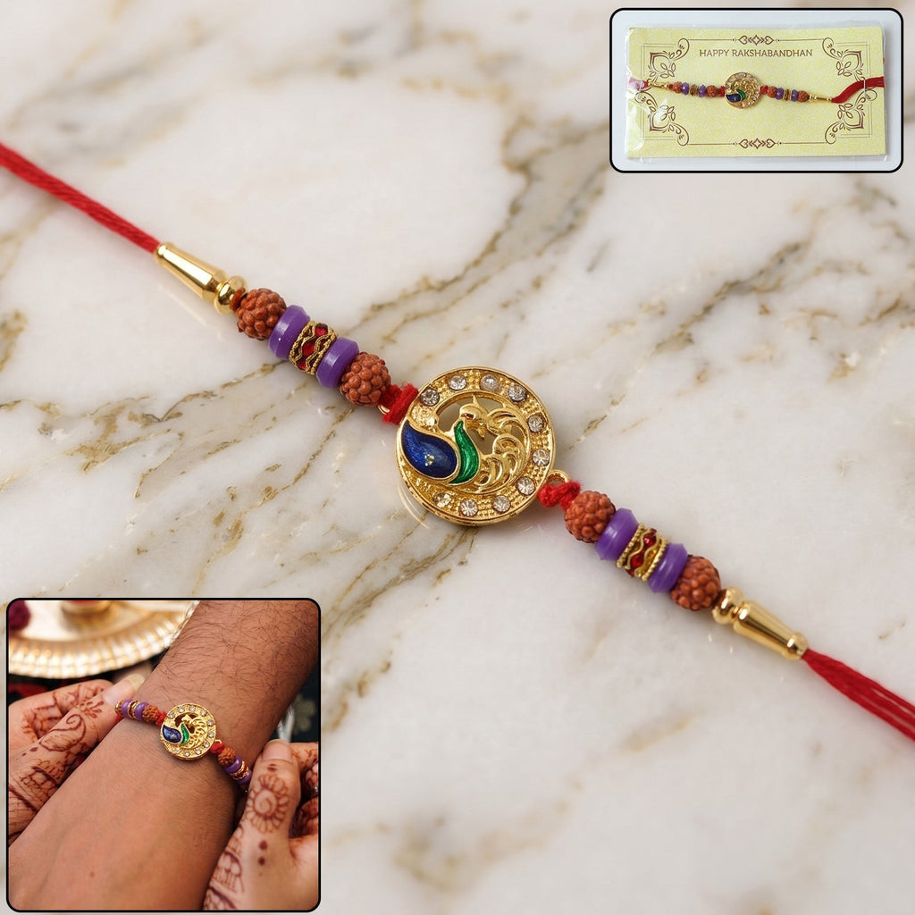 ALVENZA Peacock Design Rakhi – Elegant Rudraksha Beads for Raksha Bandhan