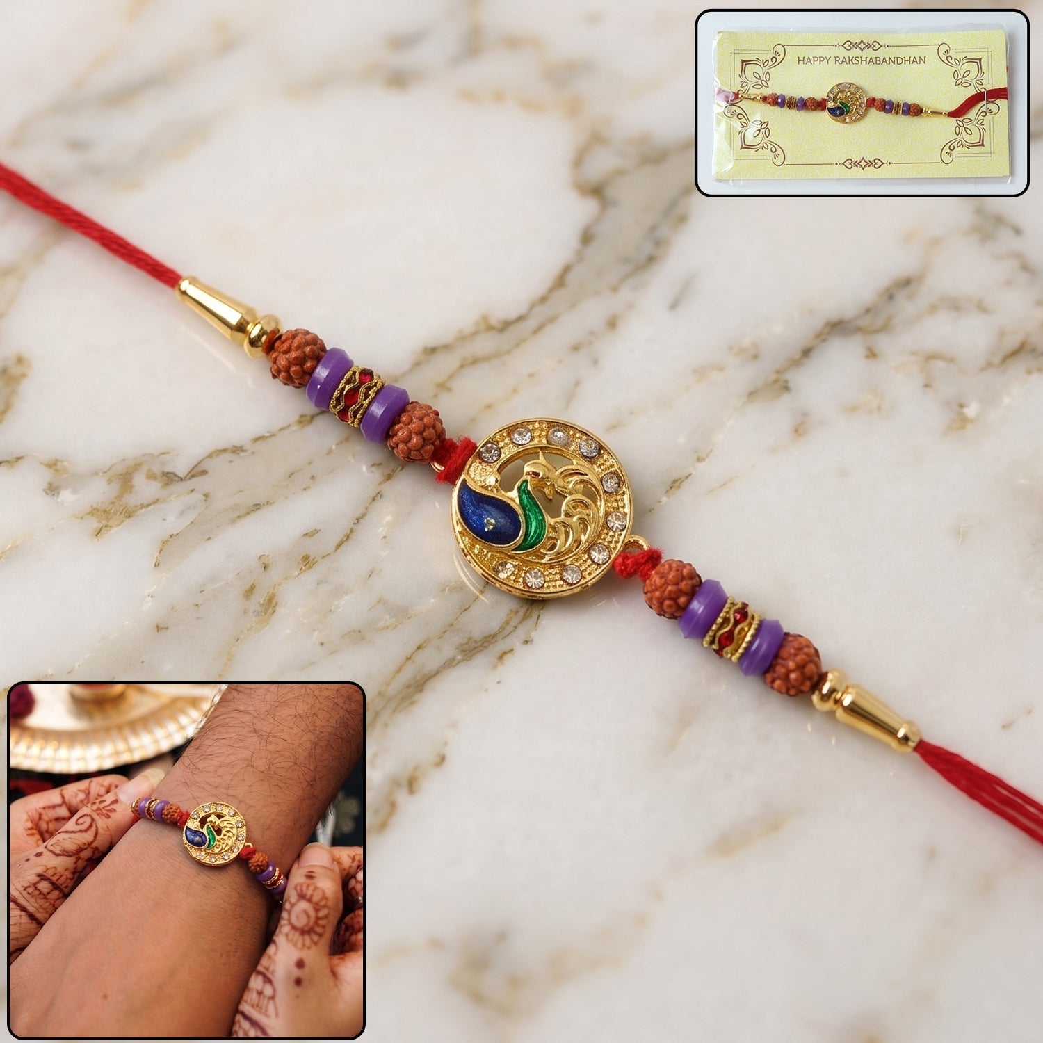 ALVENZA Peacock Design Rakhi – Elegant Rudraksha Beads for Raksha Bandhan