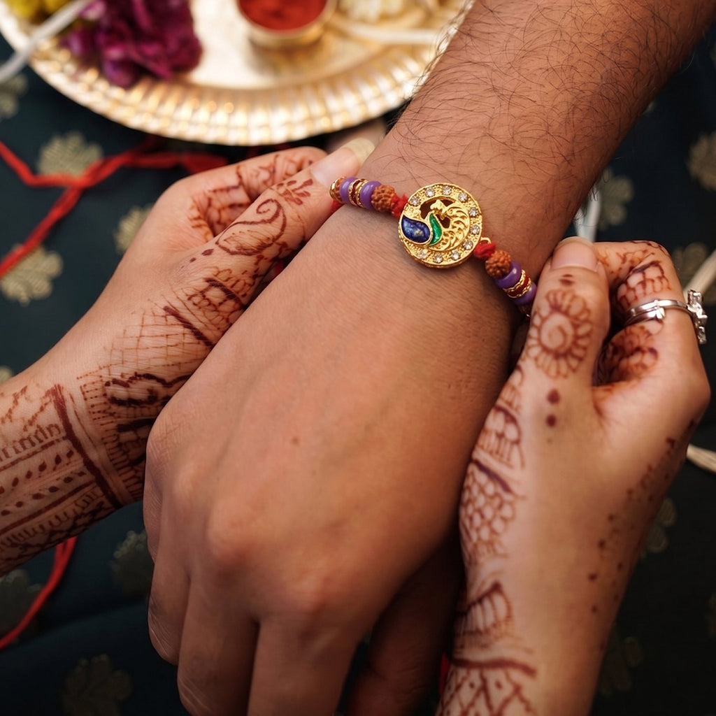 ALVENZA Peacock Design Rakhi – Elegant Rudraksha Beads for Raksha Bandhan